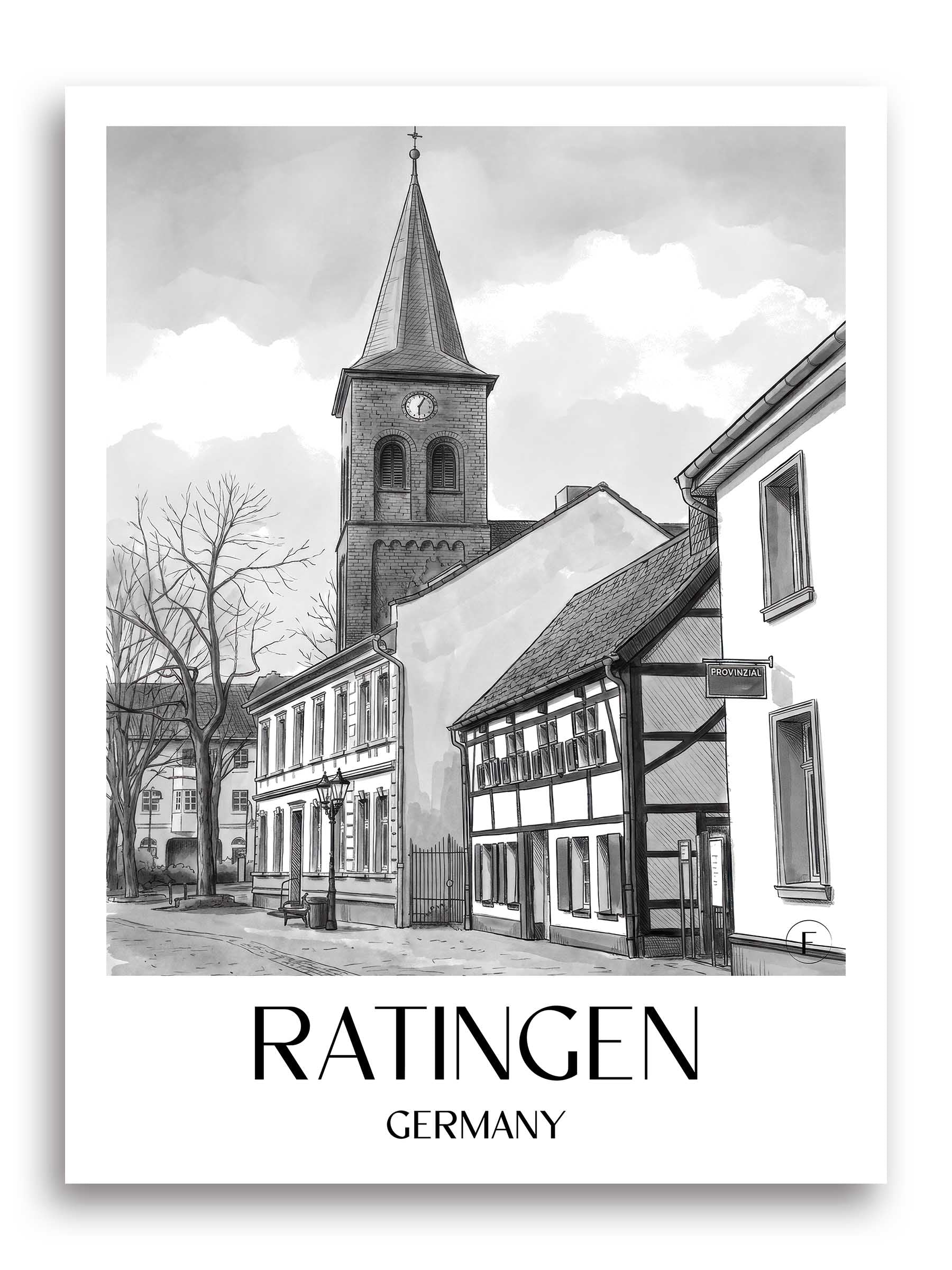 Ratingen Poster - - Deutschland Kunstdruck - Aquarell Schwarz-Weiß von A4 bis A1