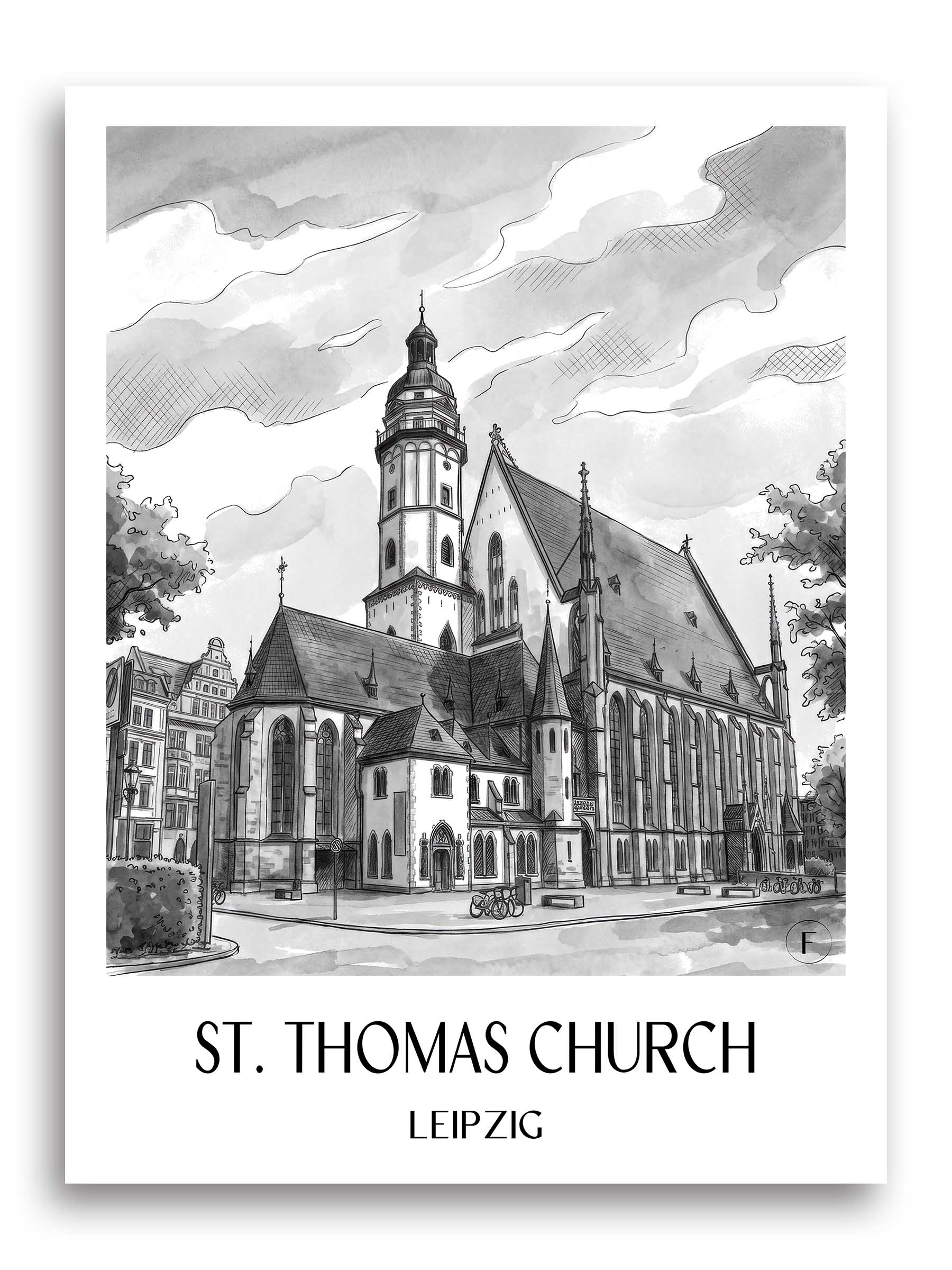 Thomaskirche Poster - Leipzig - Deutschland Kunstdruck - Aquarell Schwarz-Weiß von A4 bis A1