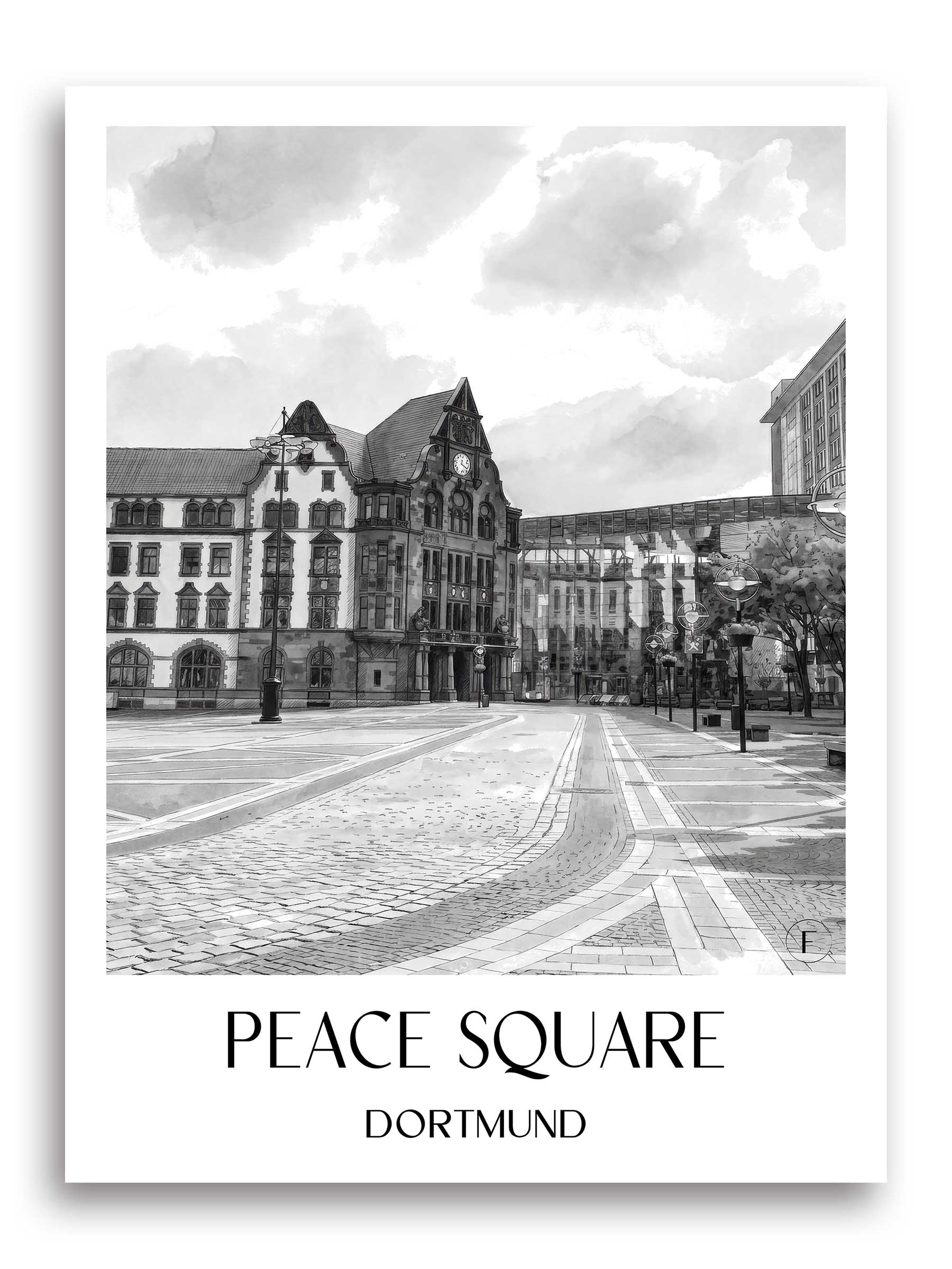 Friedensplatz Poster - Dortmund - Deutschland Kunstdruck - Aquarell Schwarz-Weiß von A4 bis A1