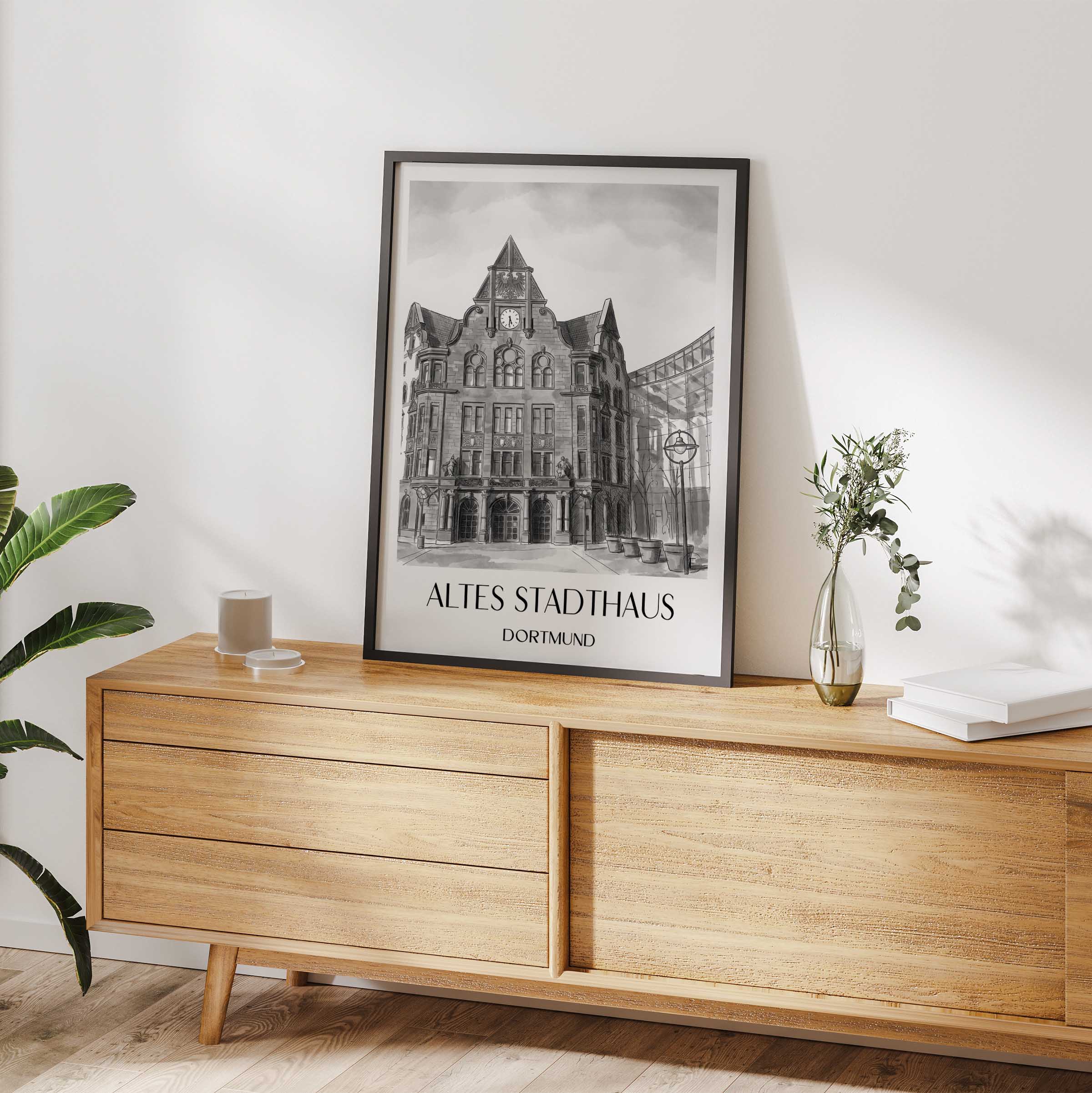 altes-stadthaus-dortmund-deutschland-poster-aquarell-schwarz-weiss