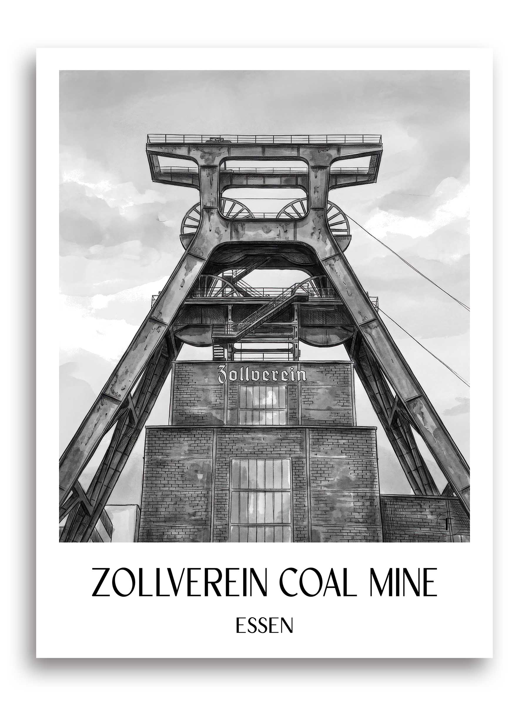 Zeche Zollverein Poster - Essen - Deutschland Kunstdruck - Aquarell Schwarz-Weiß von A4 bis A1