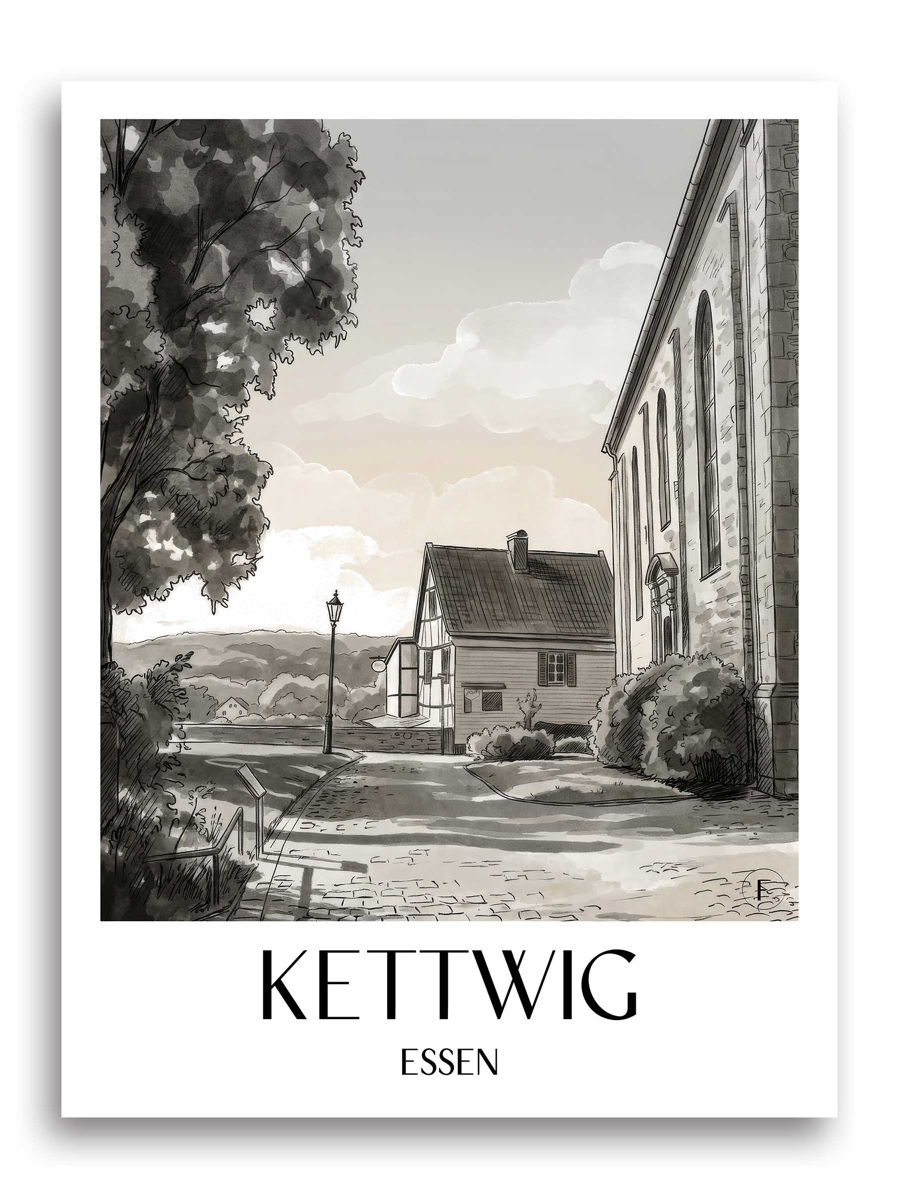 kettwig-essen-deutschland-poster-aquarell-schwarz-weiss