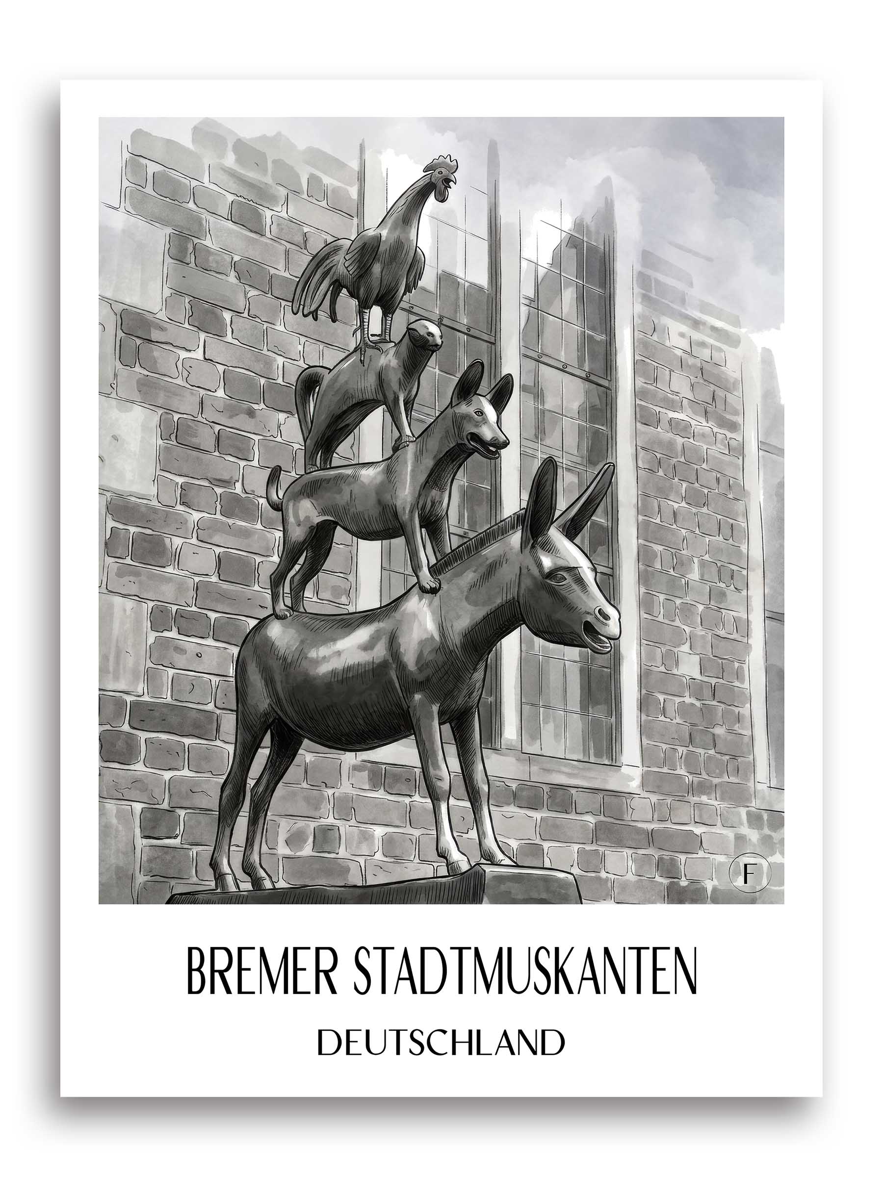 bremer-stadtmuskanten-deutschland-poster-aquarell-schwarz-weiss
