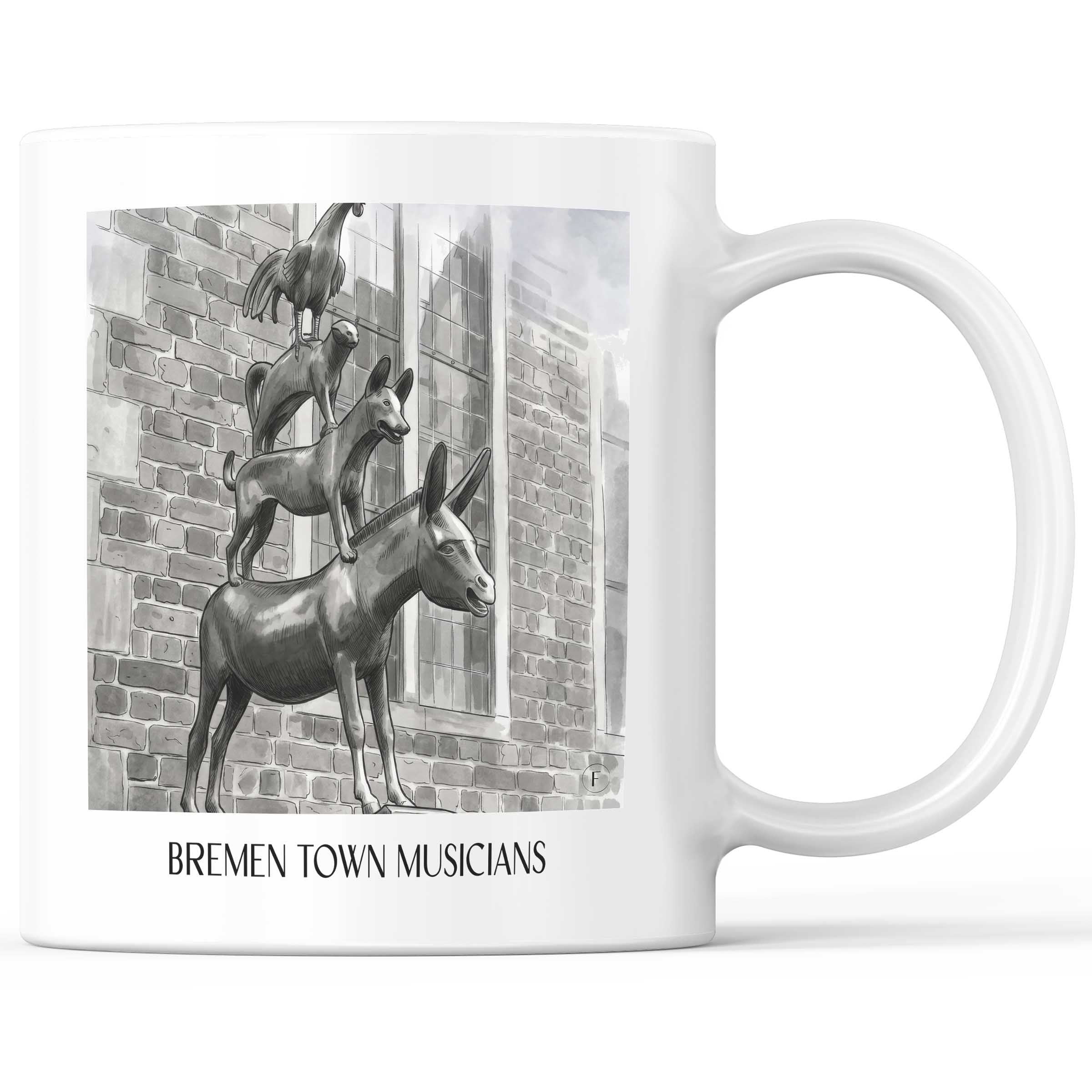 Bremer Stadtmuskanten - Deutschland Becher - Kaffeetasse im Aquarell Schwarz-Weiß Stil
