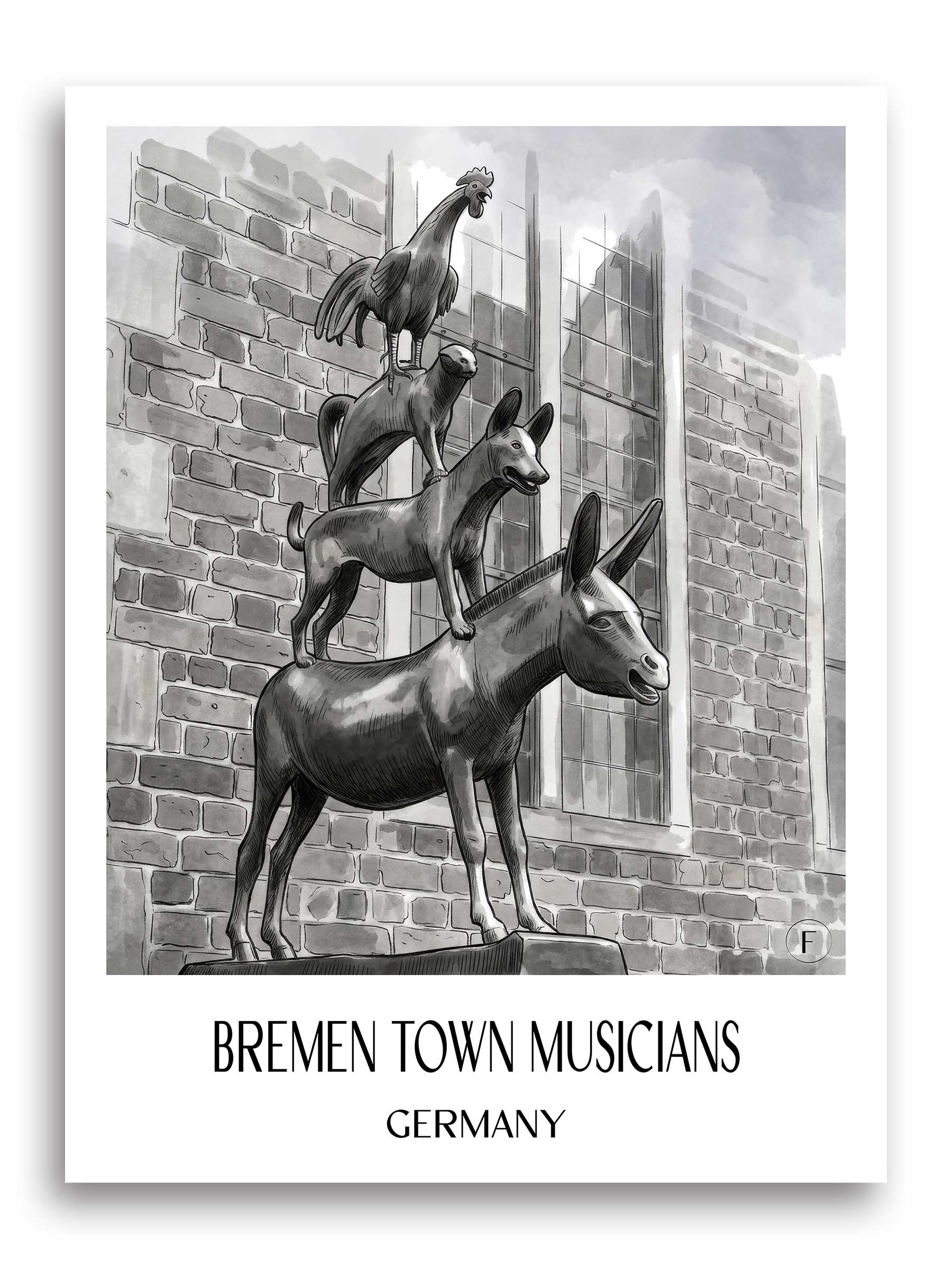Bremer Stadtmuskanten Poster - - Deutschland Kunstdruck - Aquarell Schwarz-Weiß von A4 bis A1