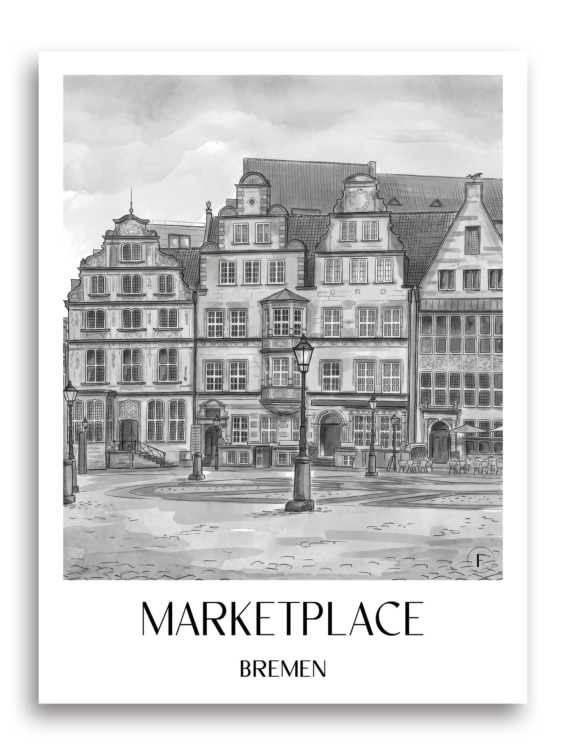 Marktplatz Poster - Bremen - Deutschland Kunstdruck - Aquarell Schwarz-Weiß von A4 bis A1