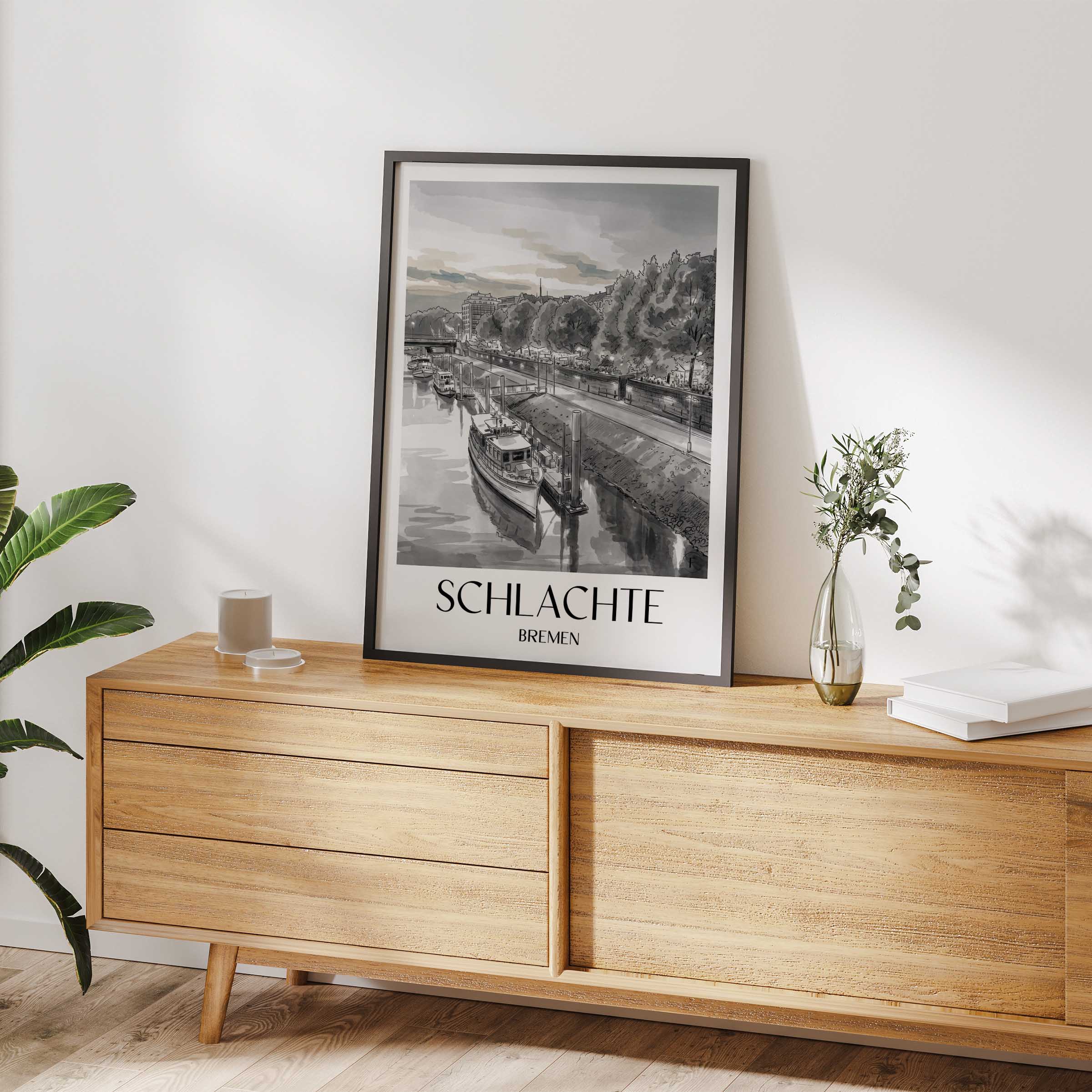 schlachte-bremen-deutschland-poster-aquarell-schwarz-weiss