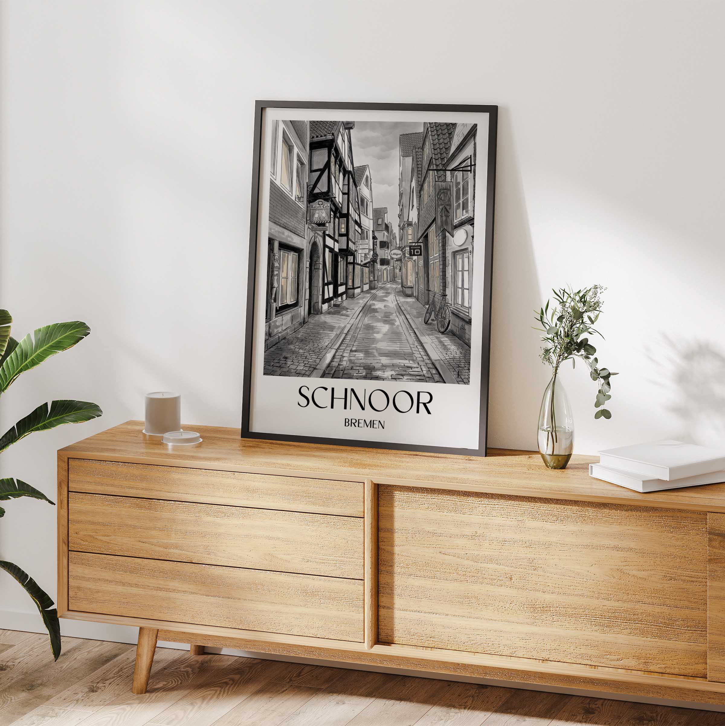schnoor-bremen-deutschland-poster-aquarell-schwarz-weiss