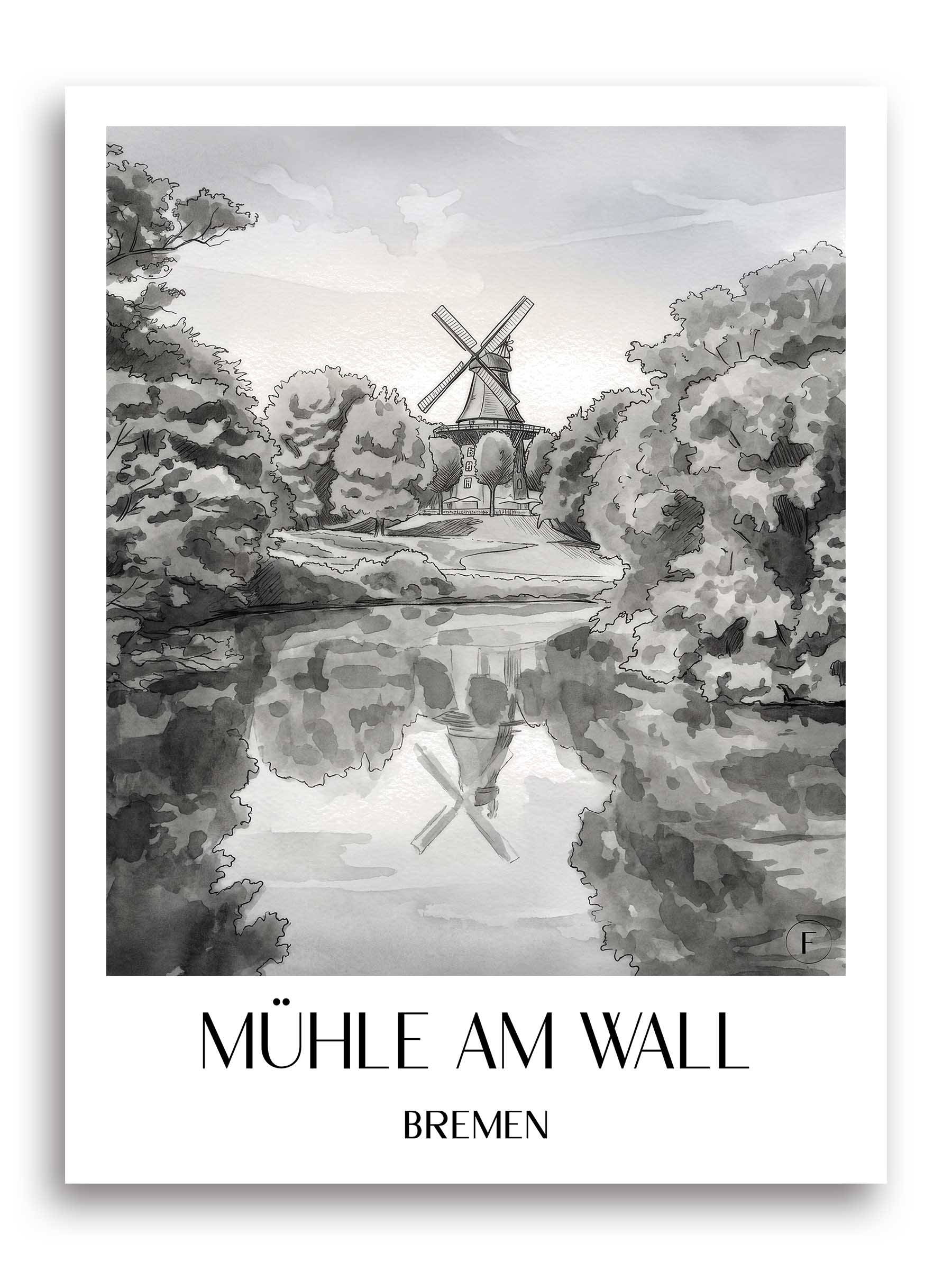 mühle-am-wall-bremen-deutschland-poster-aquarell-schwarz-weiss