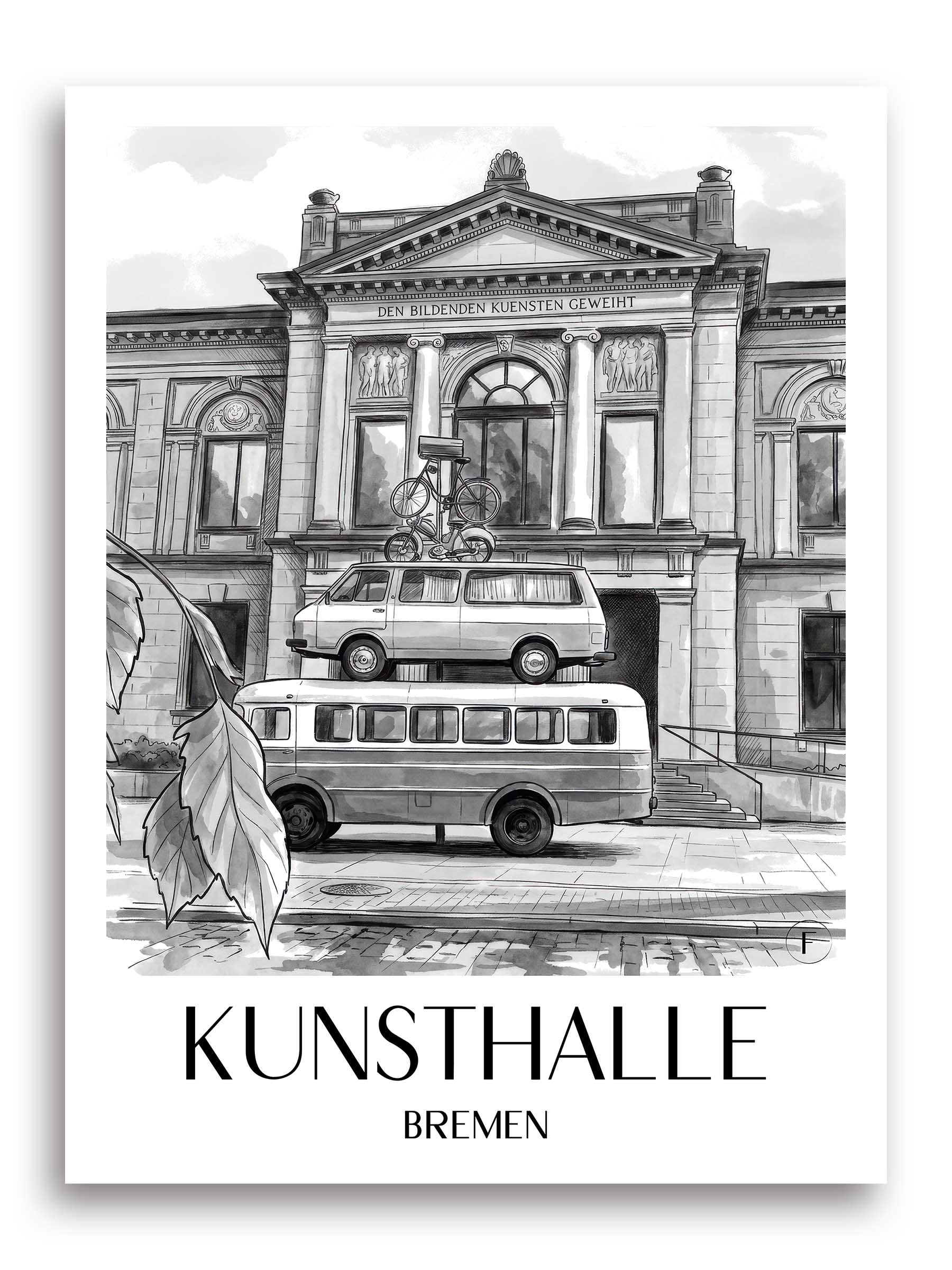 Kunsthalle Poster - Bremen - Deutschland Kunstdruck - Aquarell Schwarz-Weiß von A4 bis A1