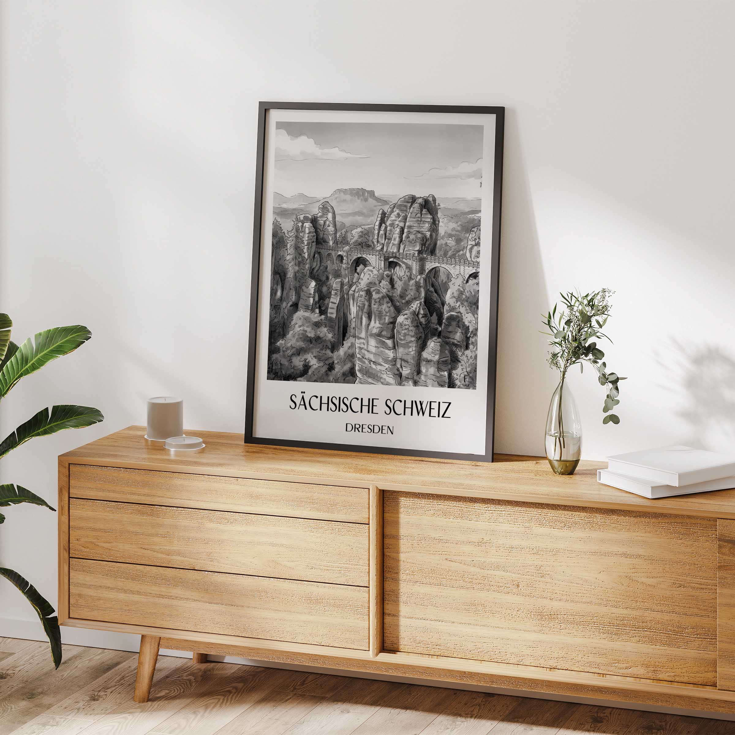 sächsische-schweiz-dresden-deutschland-poster-aquarell-schwarz-weiss