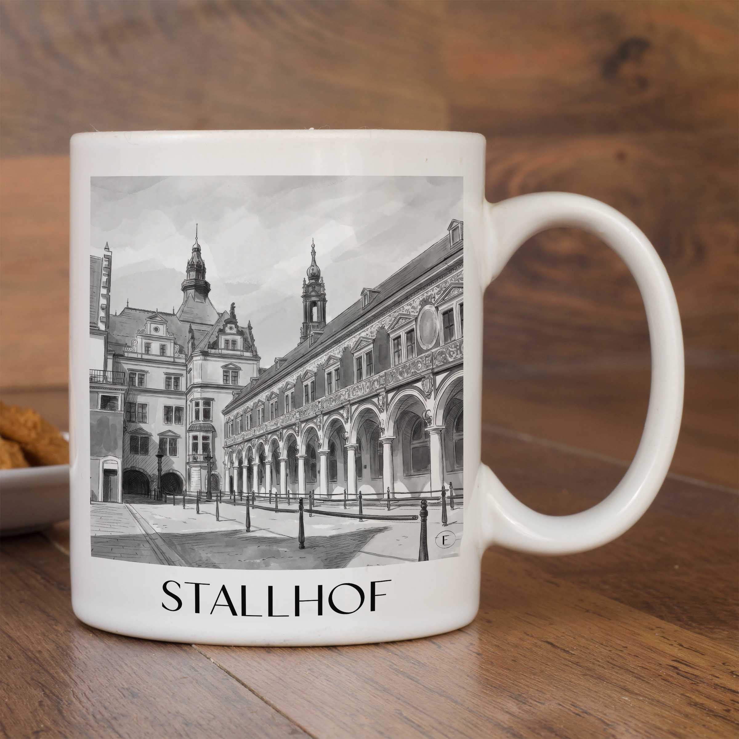 stallhof-dresden-deutschland-kaffeebecher-aquarell-schwarz-weiss
