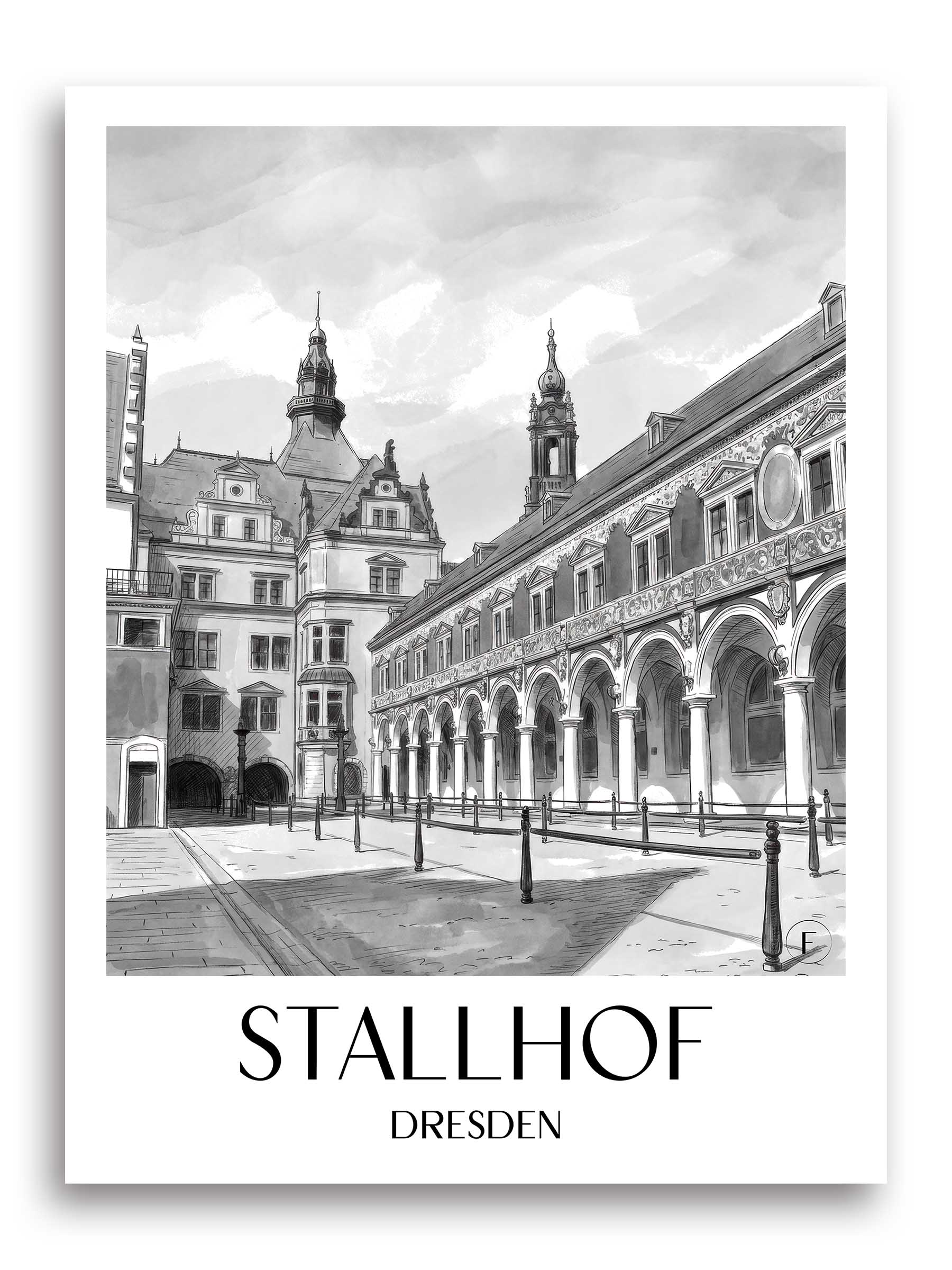 stallhof-dresden-deutschland-poster-aquarell-schwarz-weiss