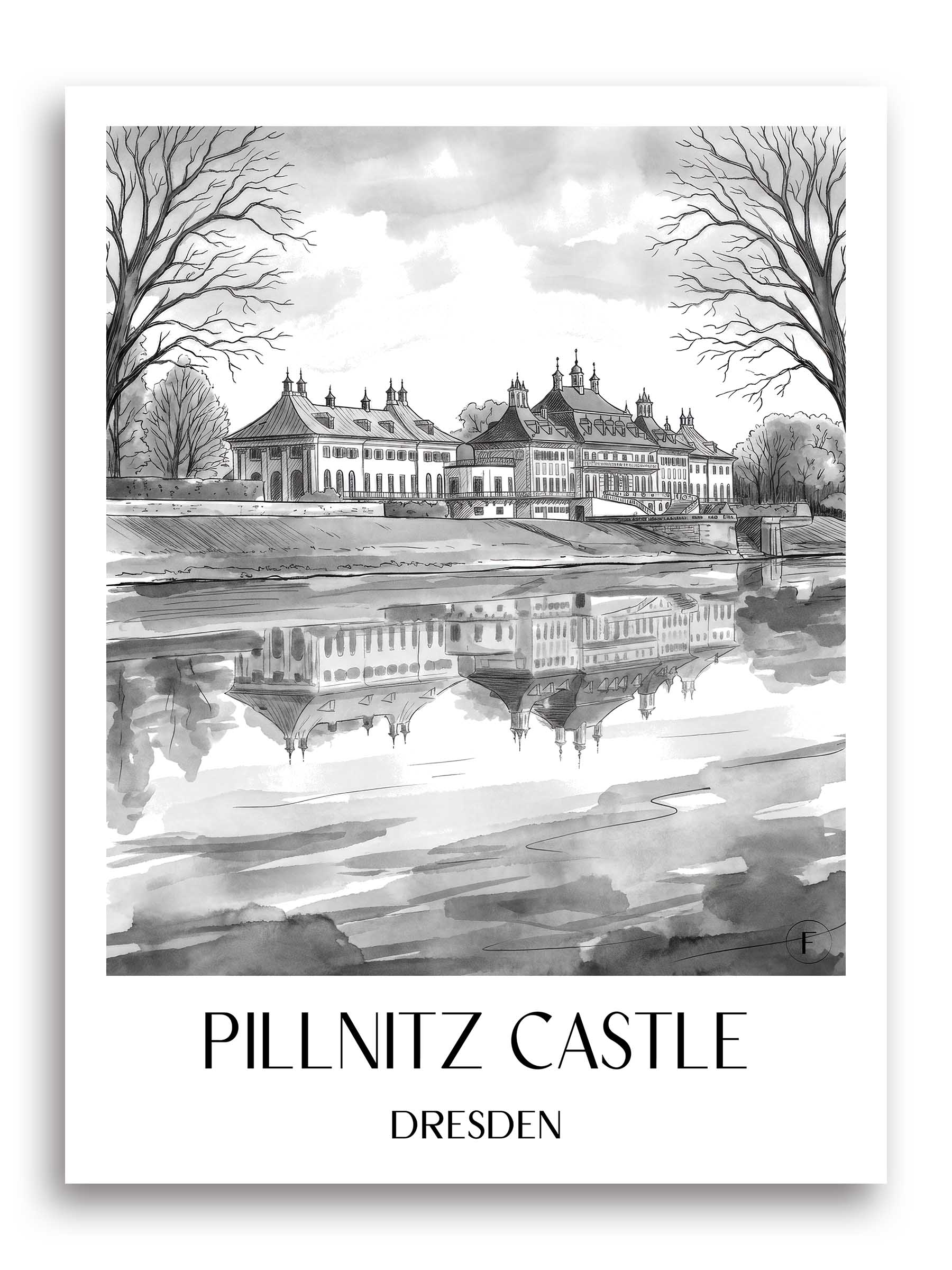 Schloss Pilnitz Poster - Dresden - Deutschland Kunstdruck - Aquarell Schwarz-Weiß von A4 bis A1