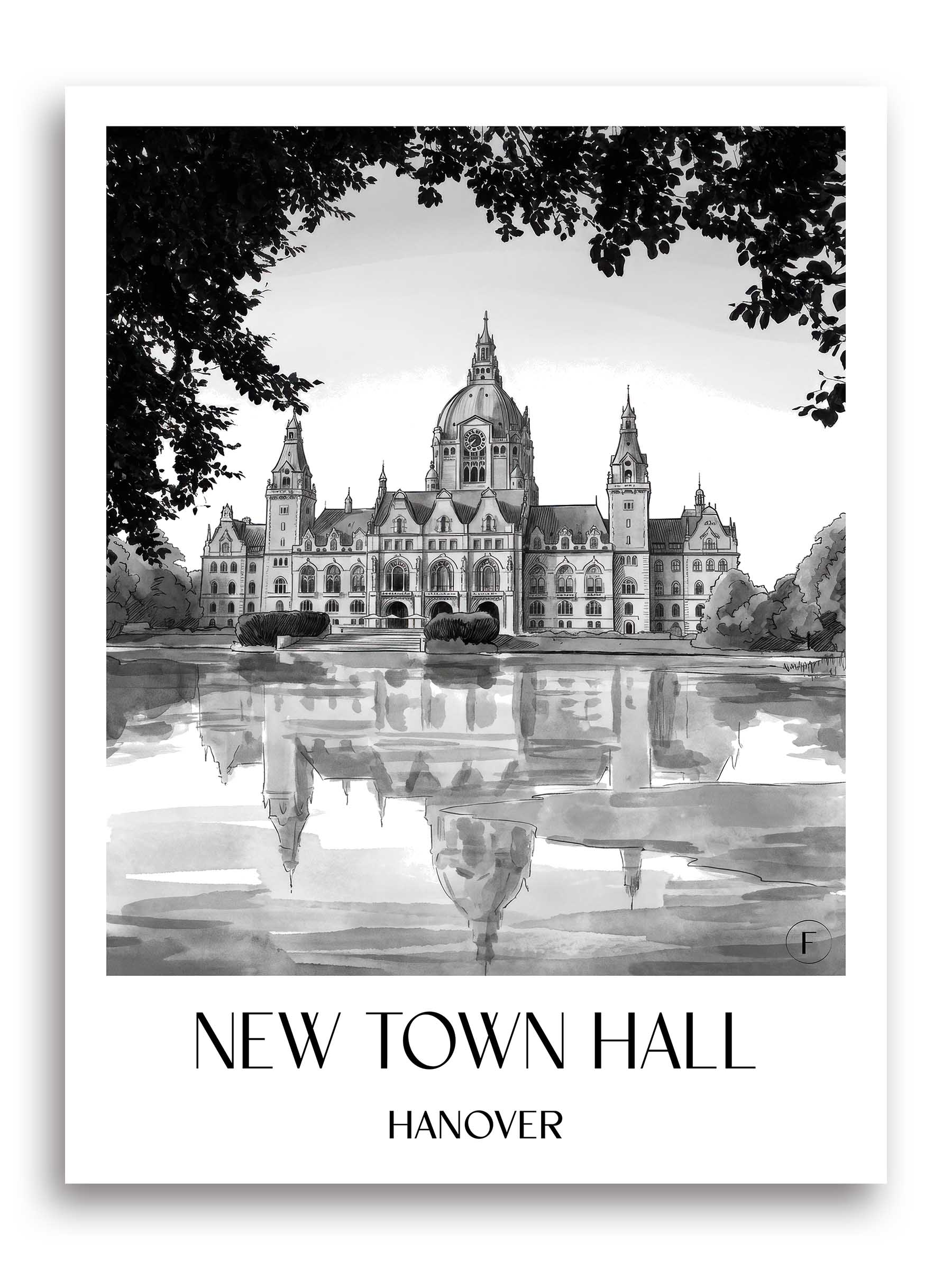 Neues Rathaus Poster - Hannover - Deutschland Kunstdruck - Aquarell Schwarz-Weiß von A4 bis A1