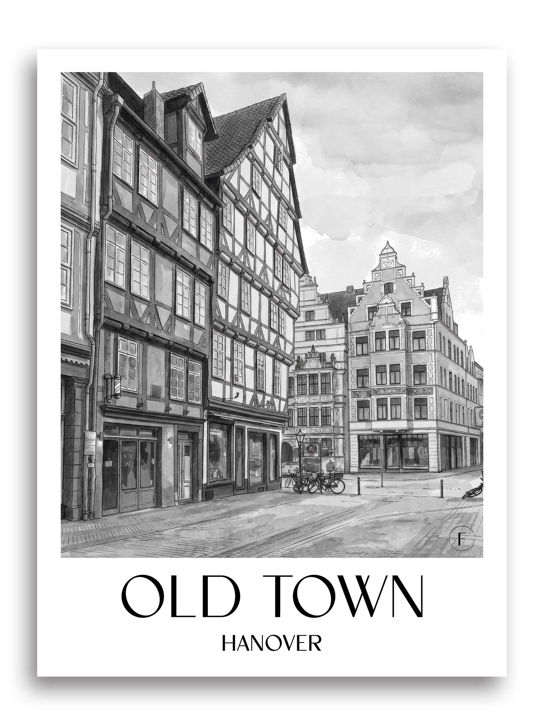 Altstadt Poster - Hannover - Deutschland Kunstdruck - Aquarell Schwarz-Weiß von A4 bis A1