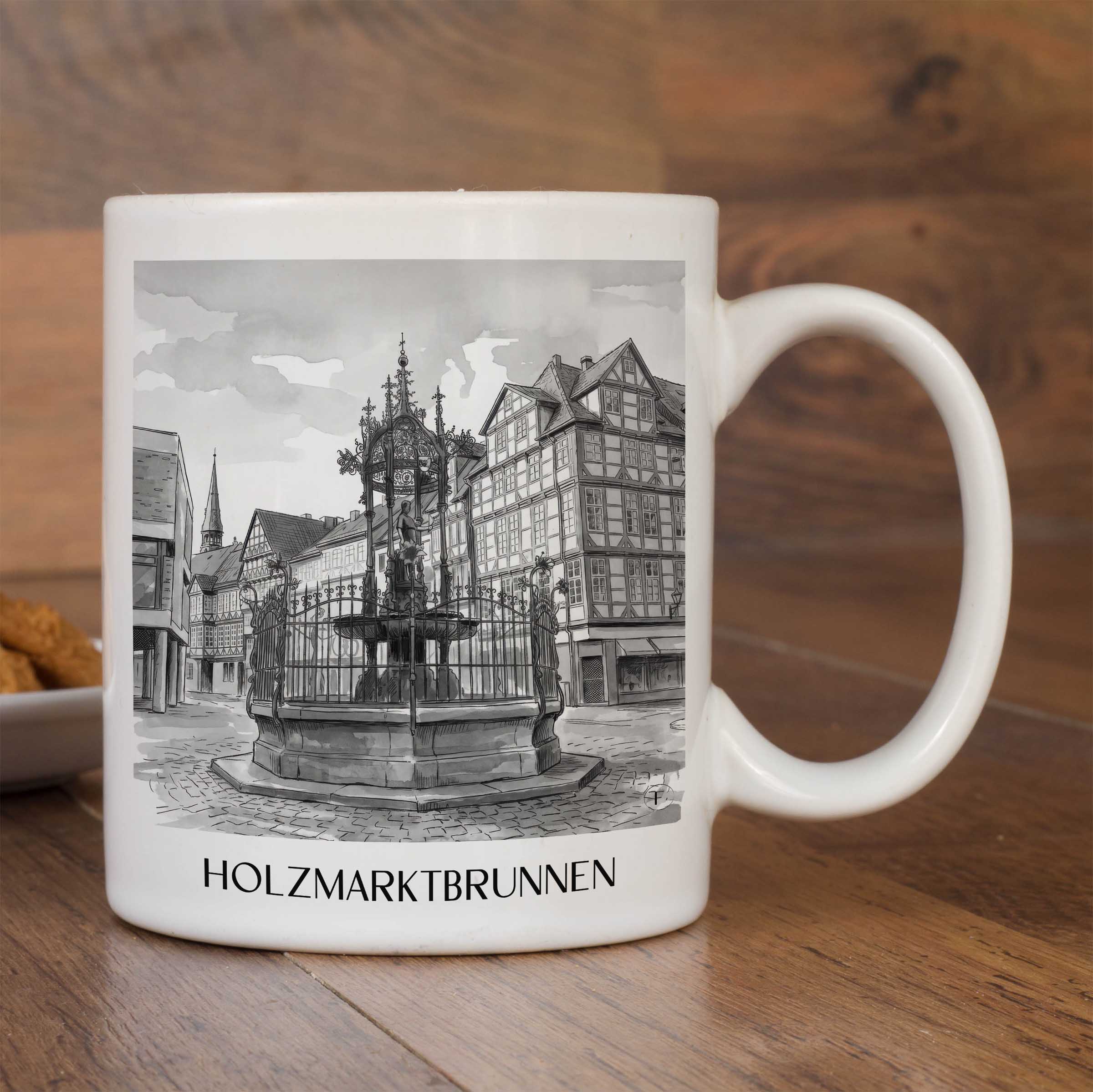 holzmarktbrunnen-hannover-deutschland-kaffeebecher-aquarell-schwarz-weiss