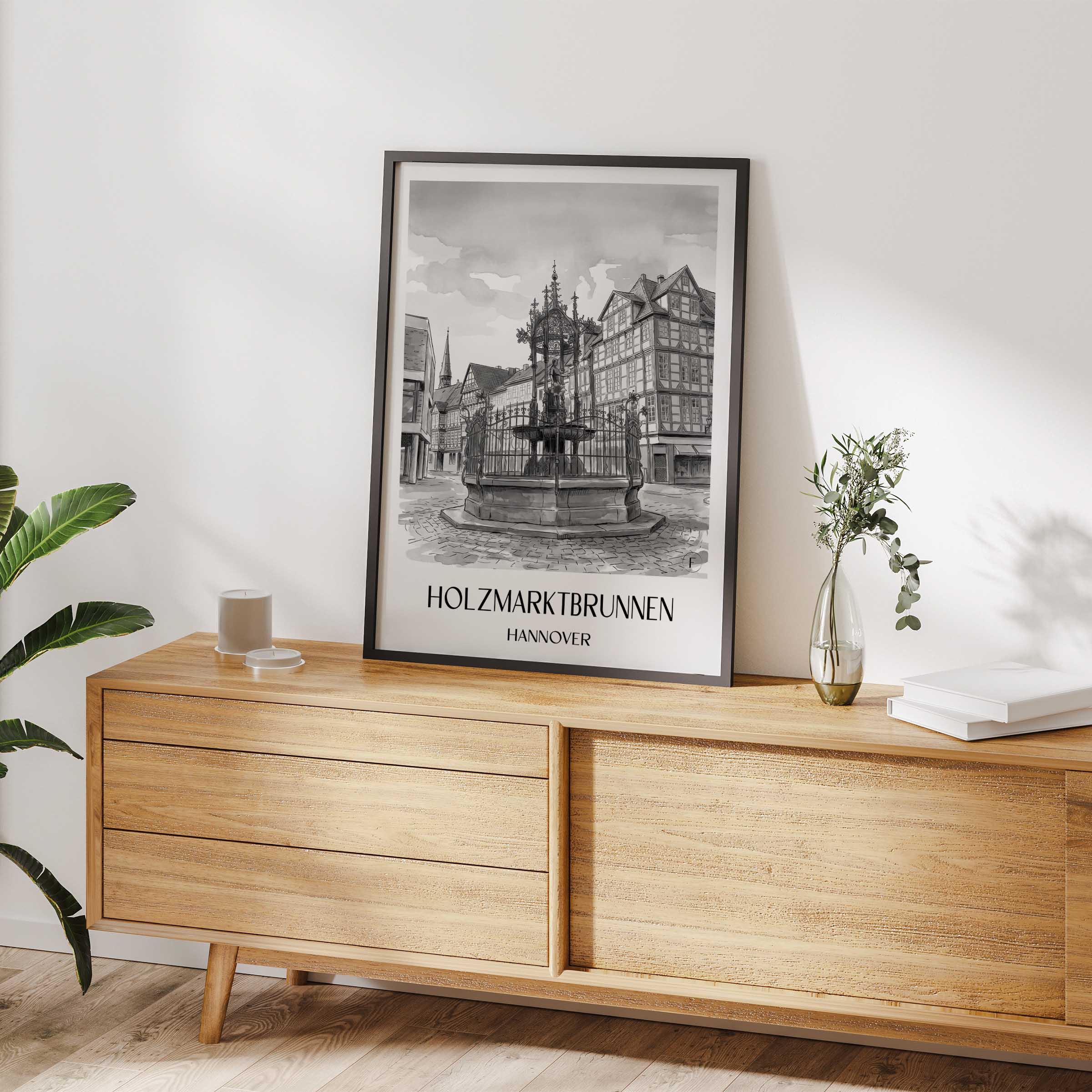 holzmarktbrunnen-hannover-deutschland-poster-aquarell-schwarz-weiss