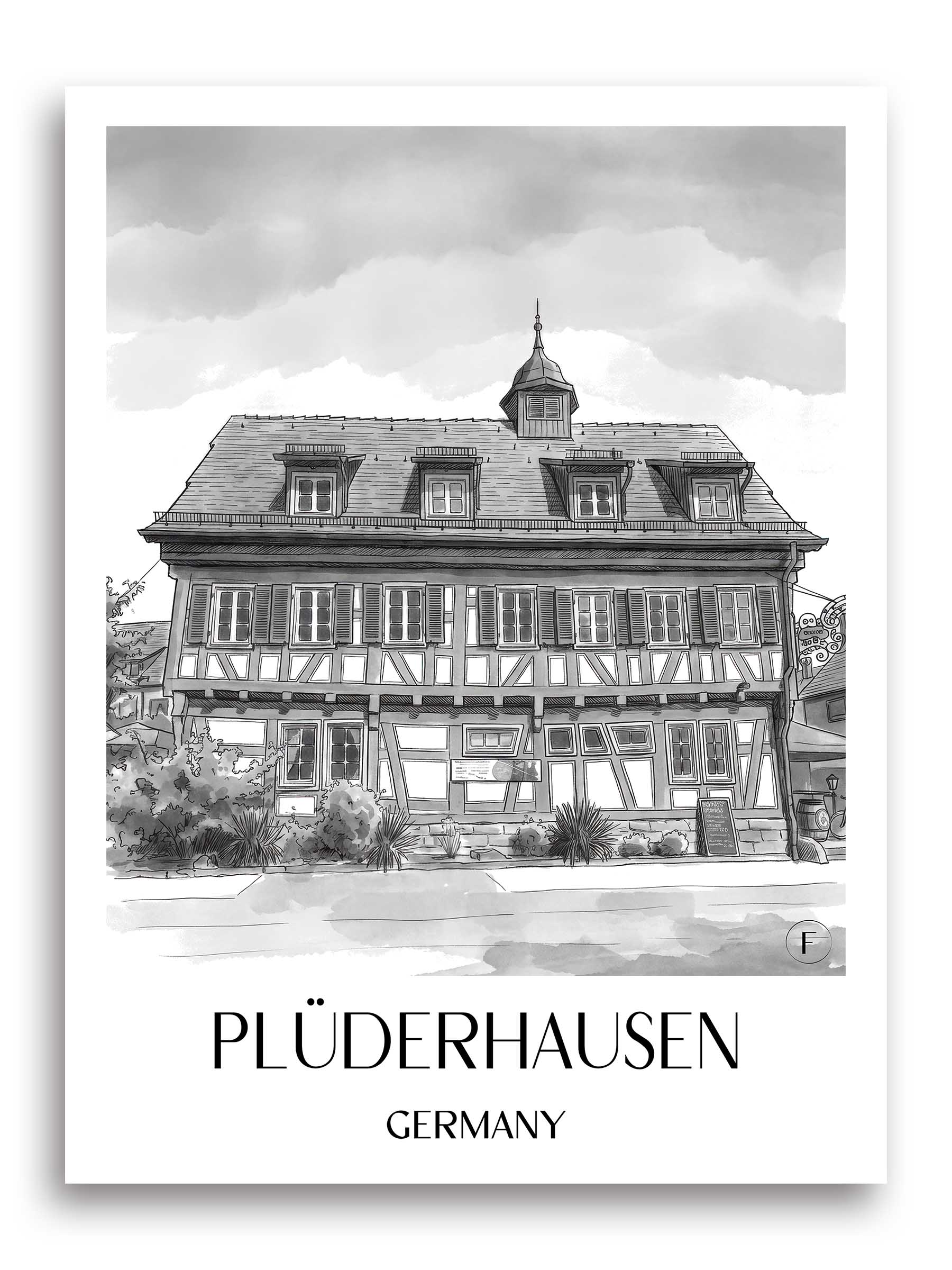 Plüderhausen Poster - - Deutschland Kunstdruck - Aquarell Schwarz-Weiß von A4 bis A1