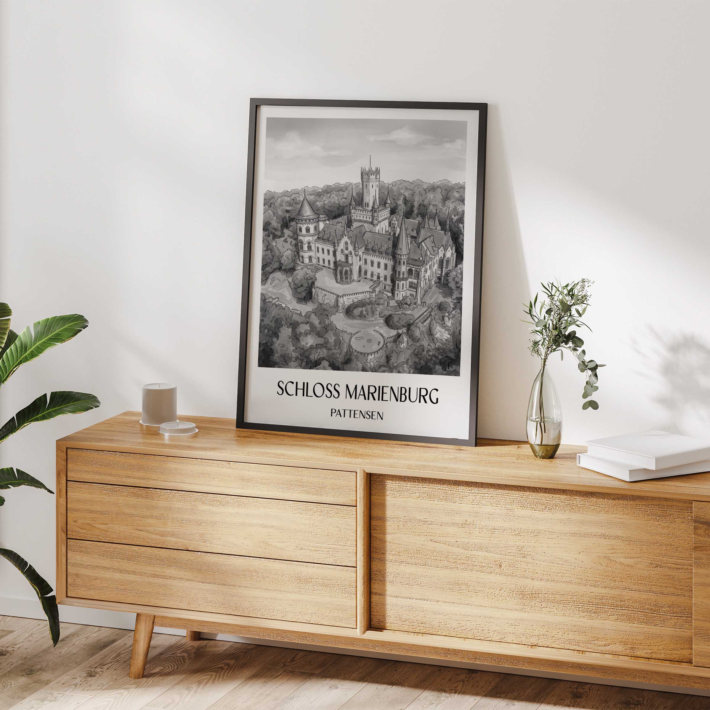 schloss-marienburg-pattensen-deutschland-poster-aquarell-schwarz-weiss