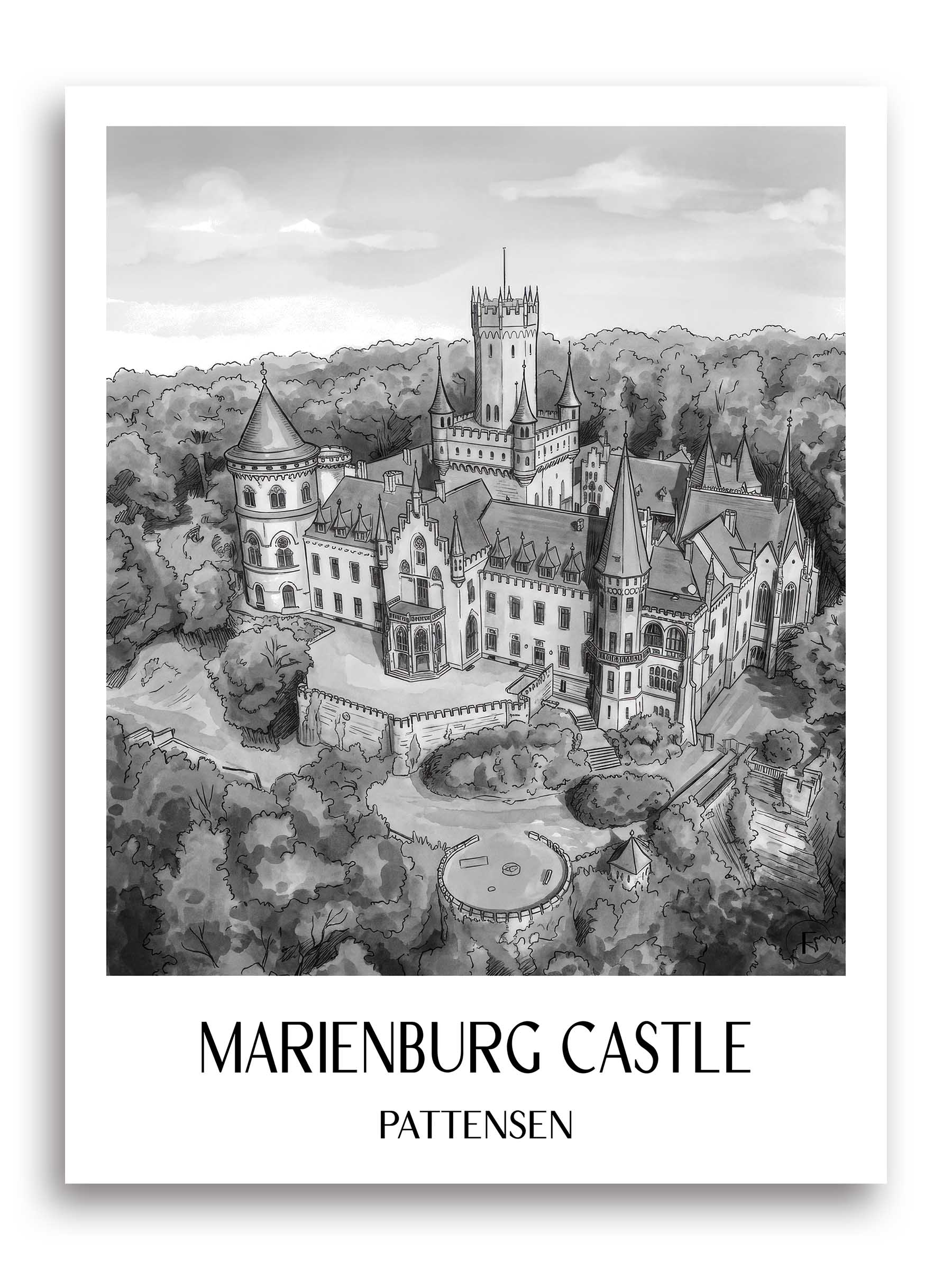 Schloss Marienburg Poster - Pattensen - Deutschland Kunstdruck - Aquarell Schwarz-Weiß von A4 bis A1