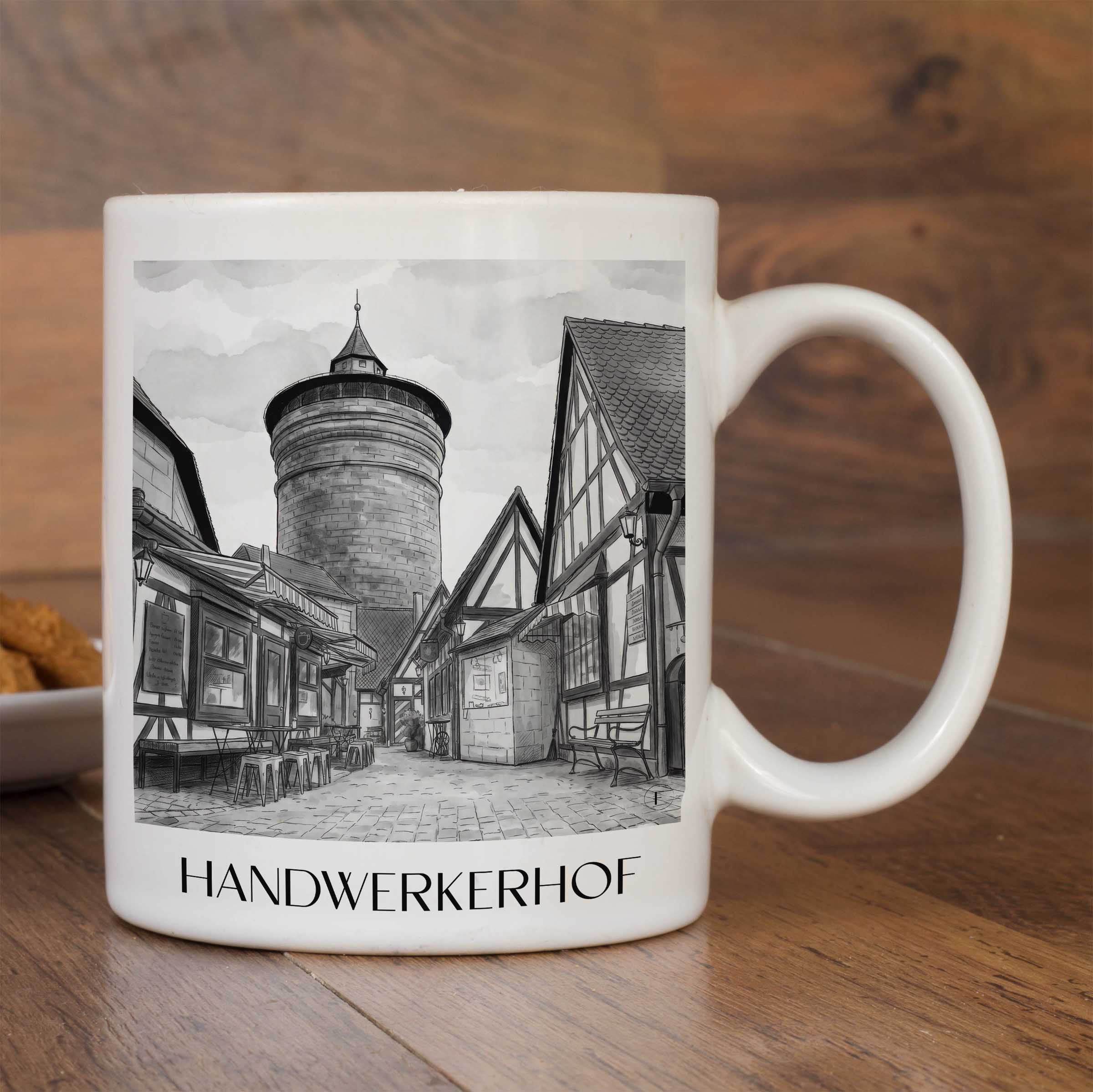 handwerkerhof-nürnberg-deutschland-kaffeebecher-aquarell-schwarz-weiss