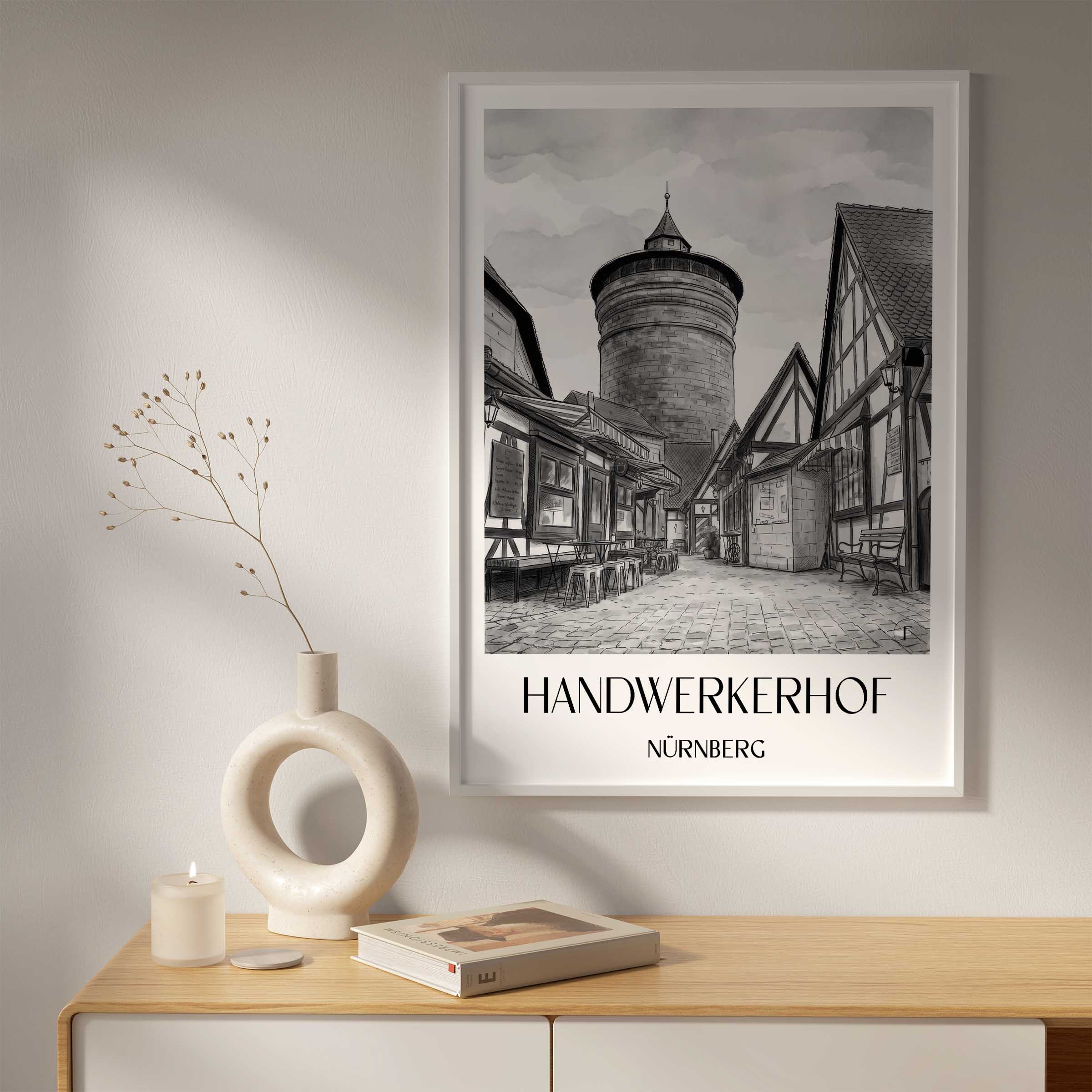 handwerkerhof-nürnberg-deutschland-poster-aquarell-schwarz-weiss