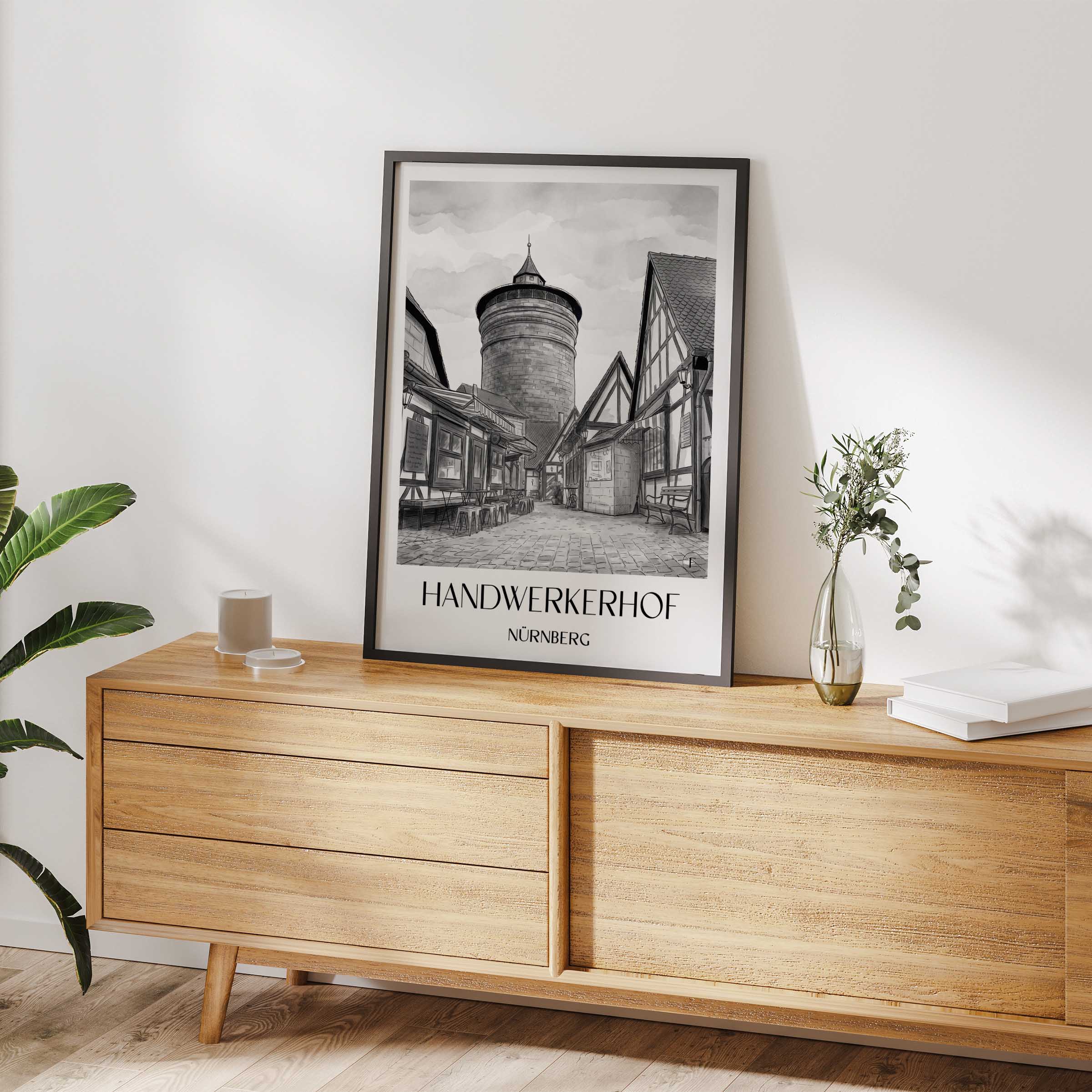 handwerkerhof-nürnberg-deutschland-poster-aquarell-schwarz-weiss