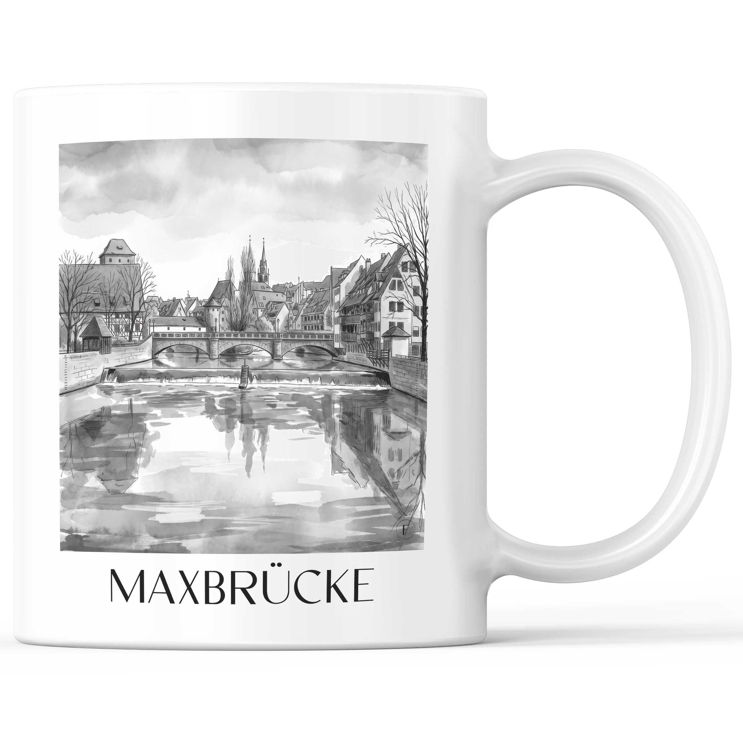 Maxbrücke Kaffeebecher - Nürnberg - Deutschland Becher - Kaffeetasse im Aquarell Schwarz-Weiß Stil
