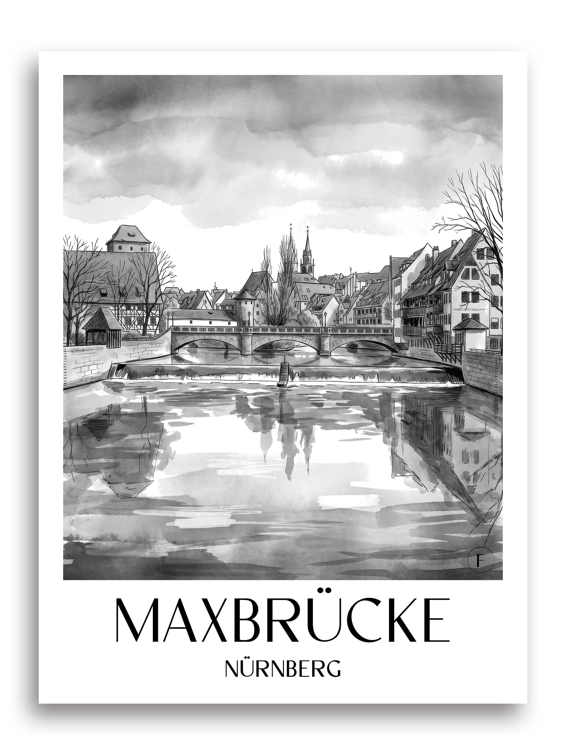 maxbrücke-nürnberg-deutschland-poster-aquarell-schwarz-weiss