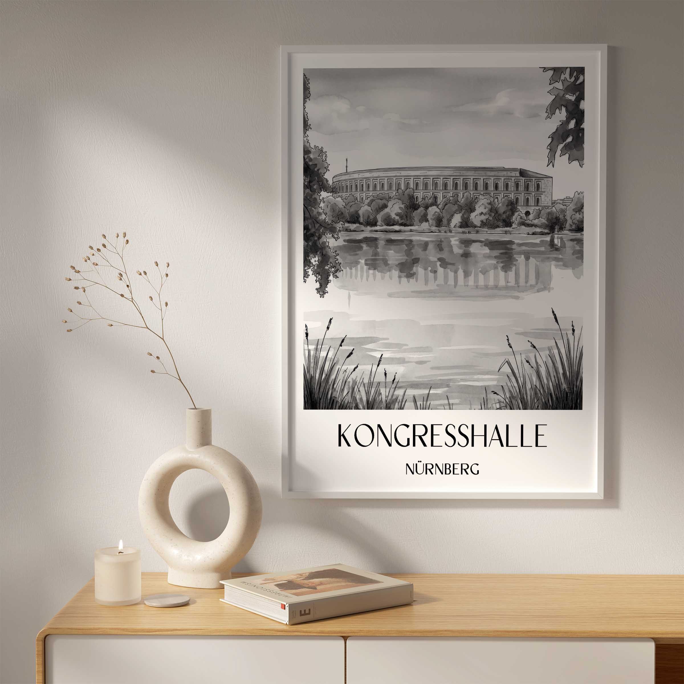 kongresshalle-nürnberg-deutschland-poster-aquarell-schwarz-weiss