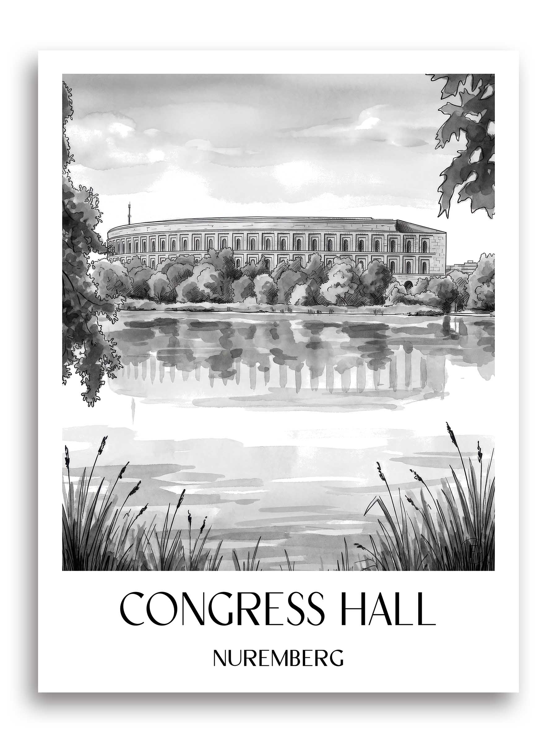 Kongresshalle Poster - Nürnberg - Deutschland Kunstdruck - Aquarell Schwarz-Weiß von A4 bis A1