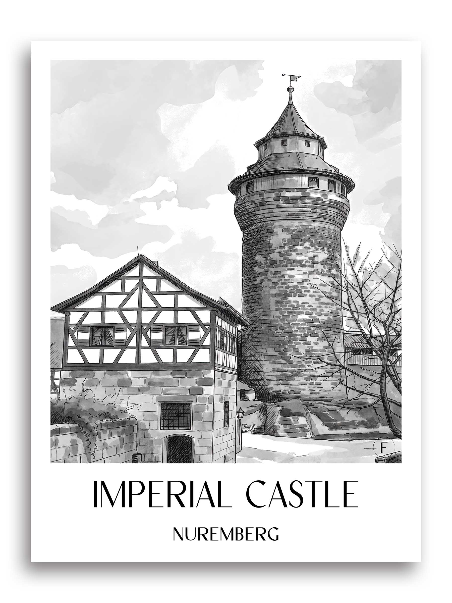 Kaiserburg Poster - Nürnberg - Deutschland Kunstdruck - Aquarell Schwarz-Weiß von A4 bis A1