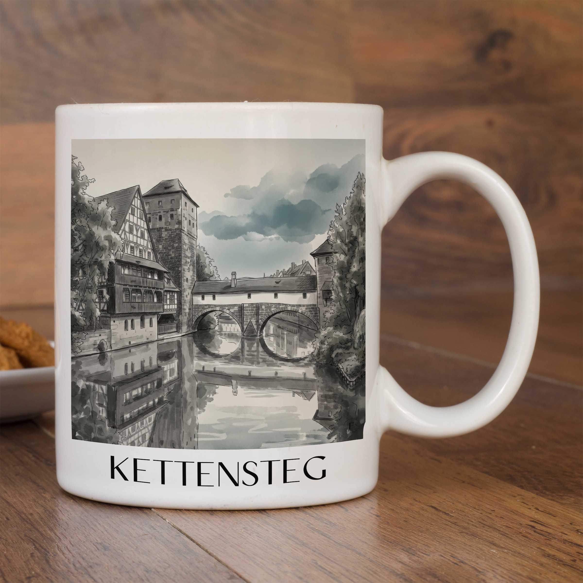 kettensteg-nürnberg-deutschland-kaffeebecher-aquarell-schwarz-weiss