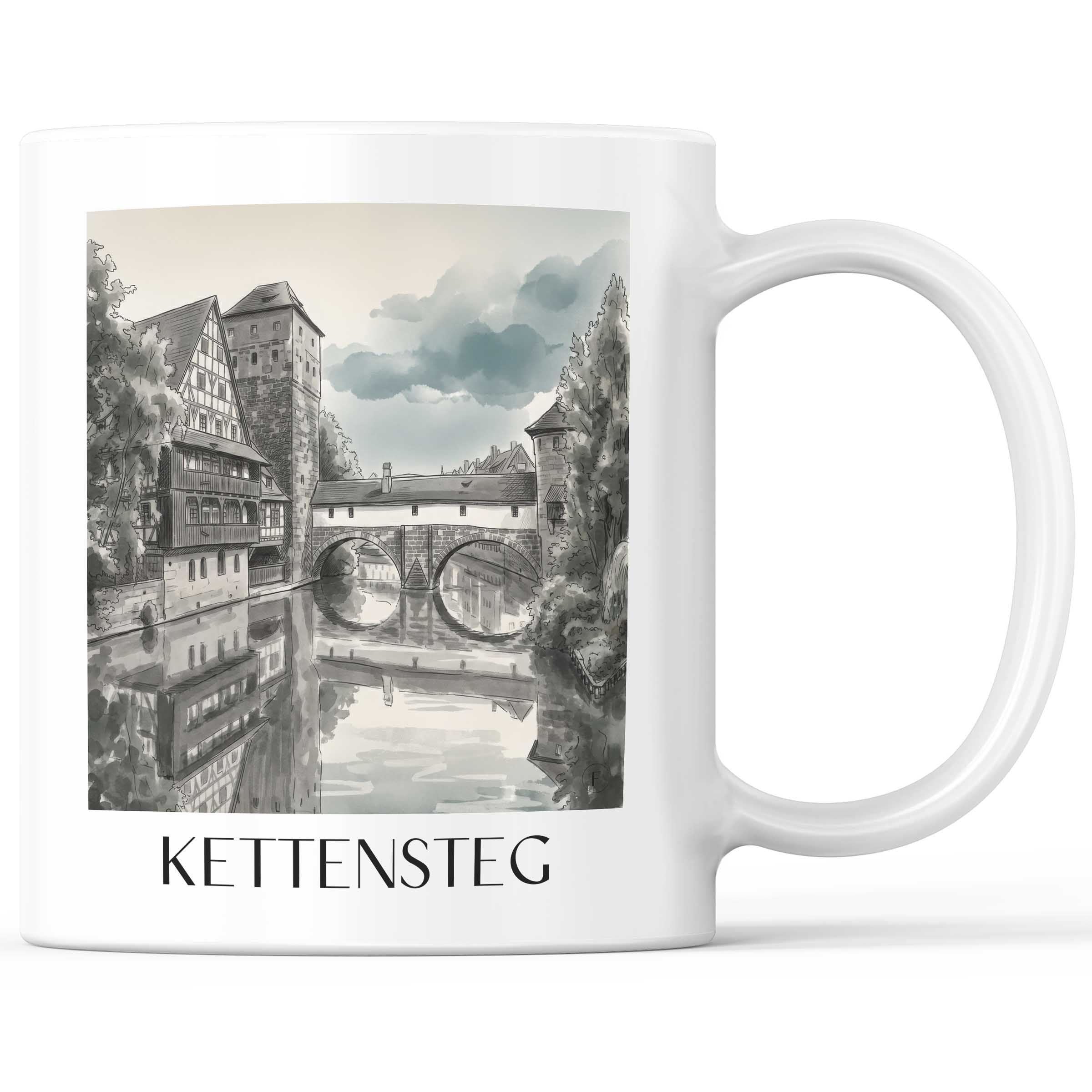 Kettensteg Kaffeebecher - Nürnberg - Deutschland Becher - Kaffeetasse im Aquarell Schwarz-Weiß Stil