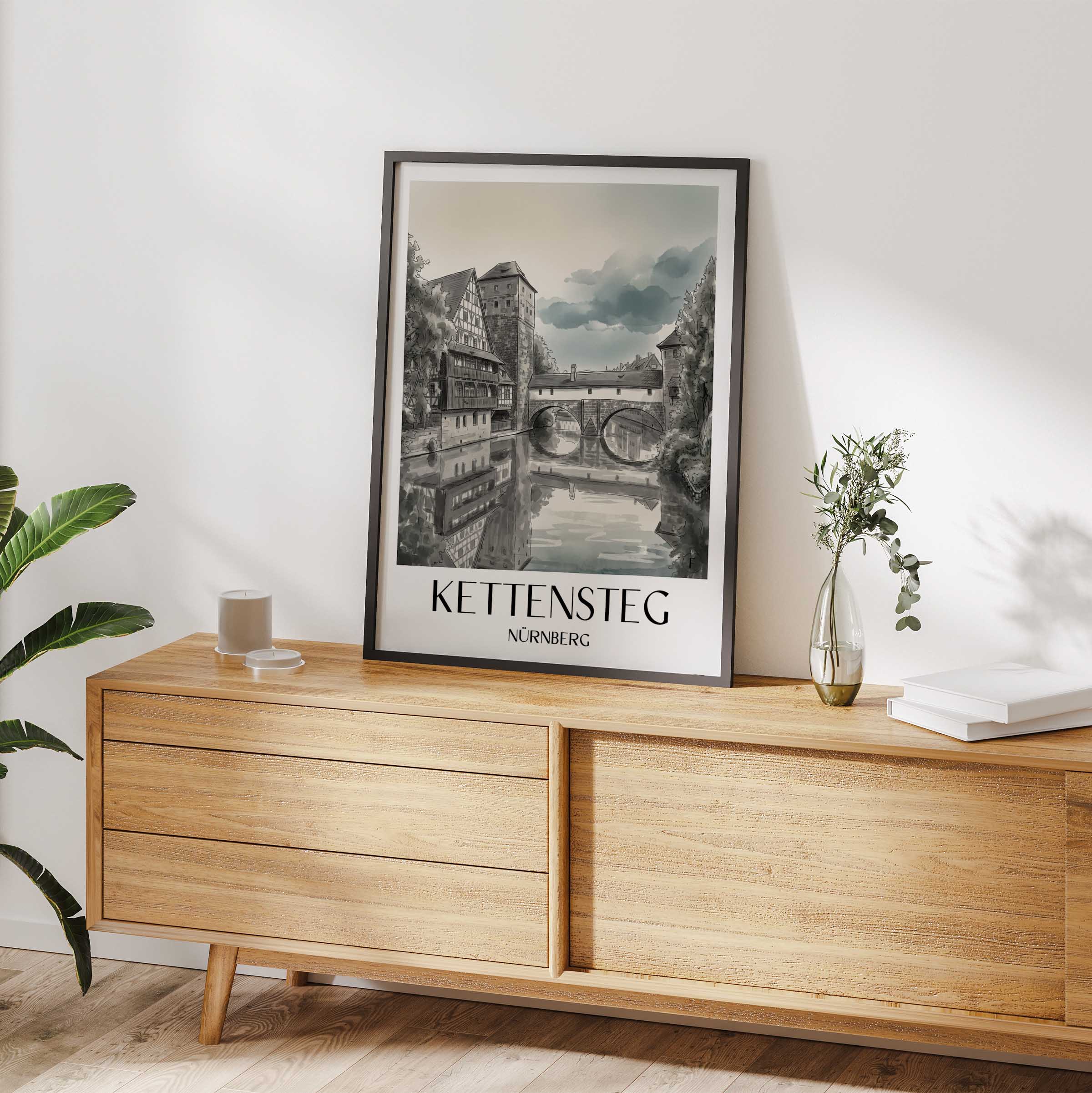 kettensteg-nürnberg-deutschland-poster-aquarell-schwarz-weiss