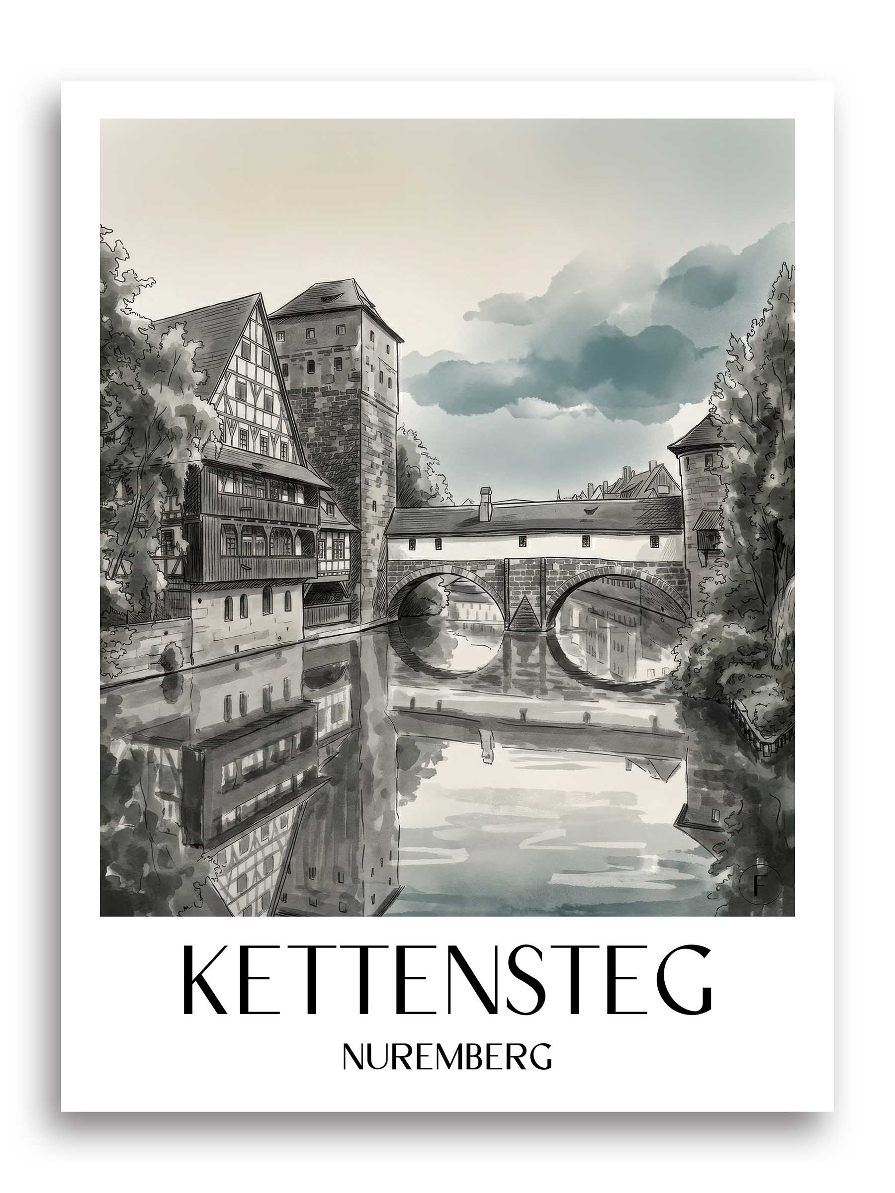 Kettensteg Poster - Nürnberg - Deutschland Kunstdruck - Aquarell Schwarz-Weiß von A4 bis A1