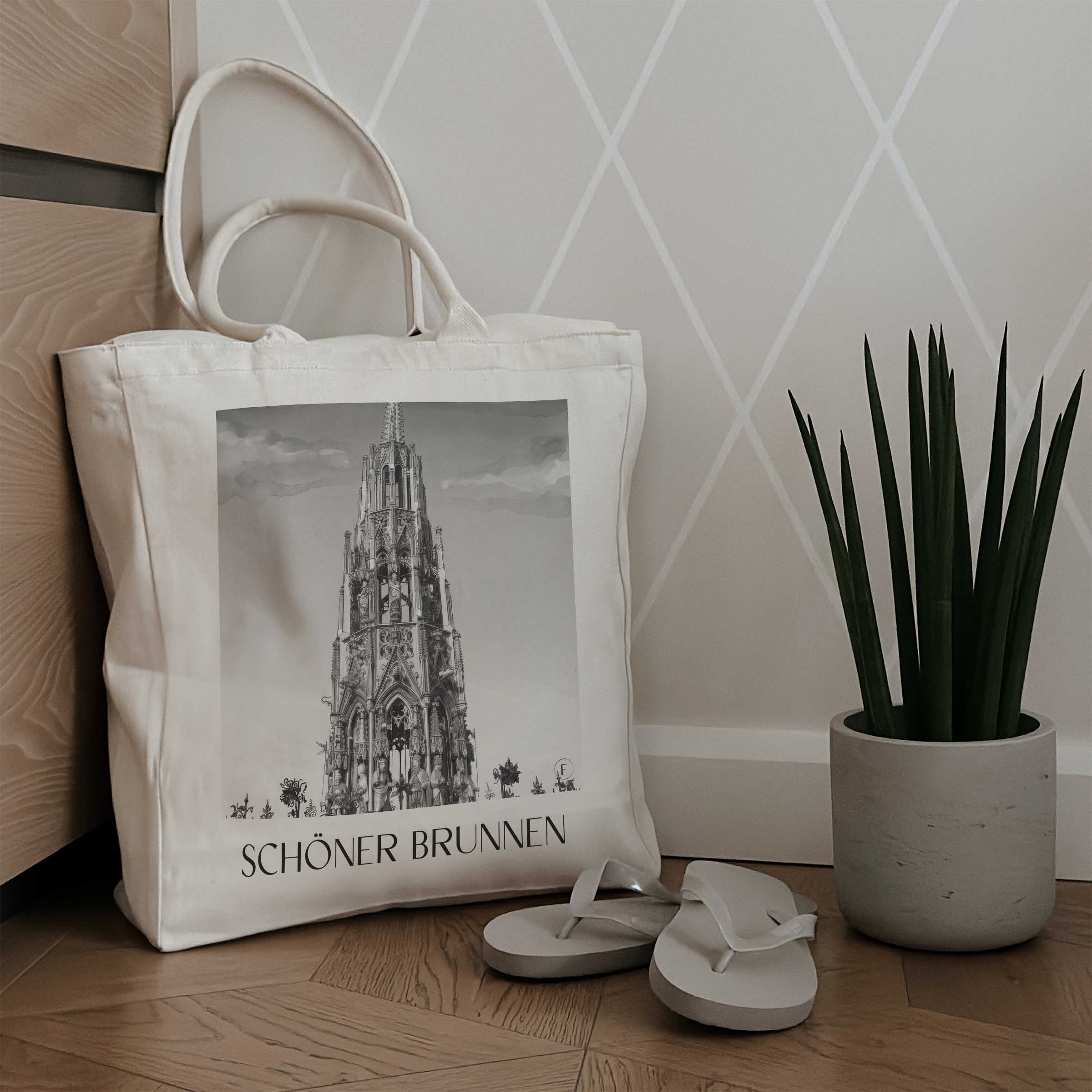schöner-brunnen-nürnberg-deutschland-einkaufstasche-aquarell-schwarz-weiss