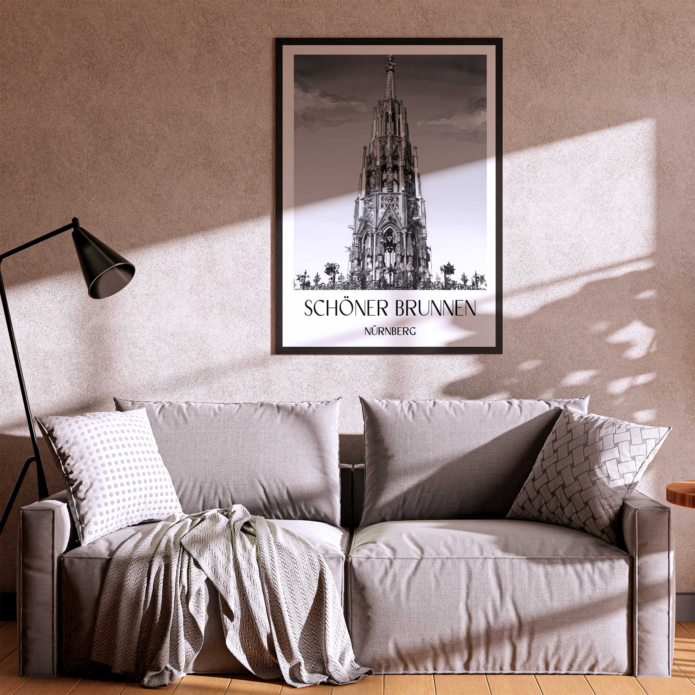 schöner-brunnen-nürnberg-deutschland-poster-aquarell-schwarz-weiss