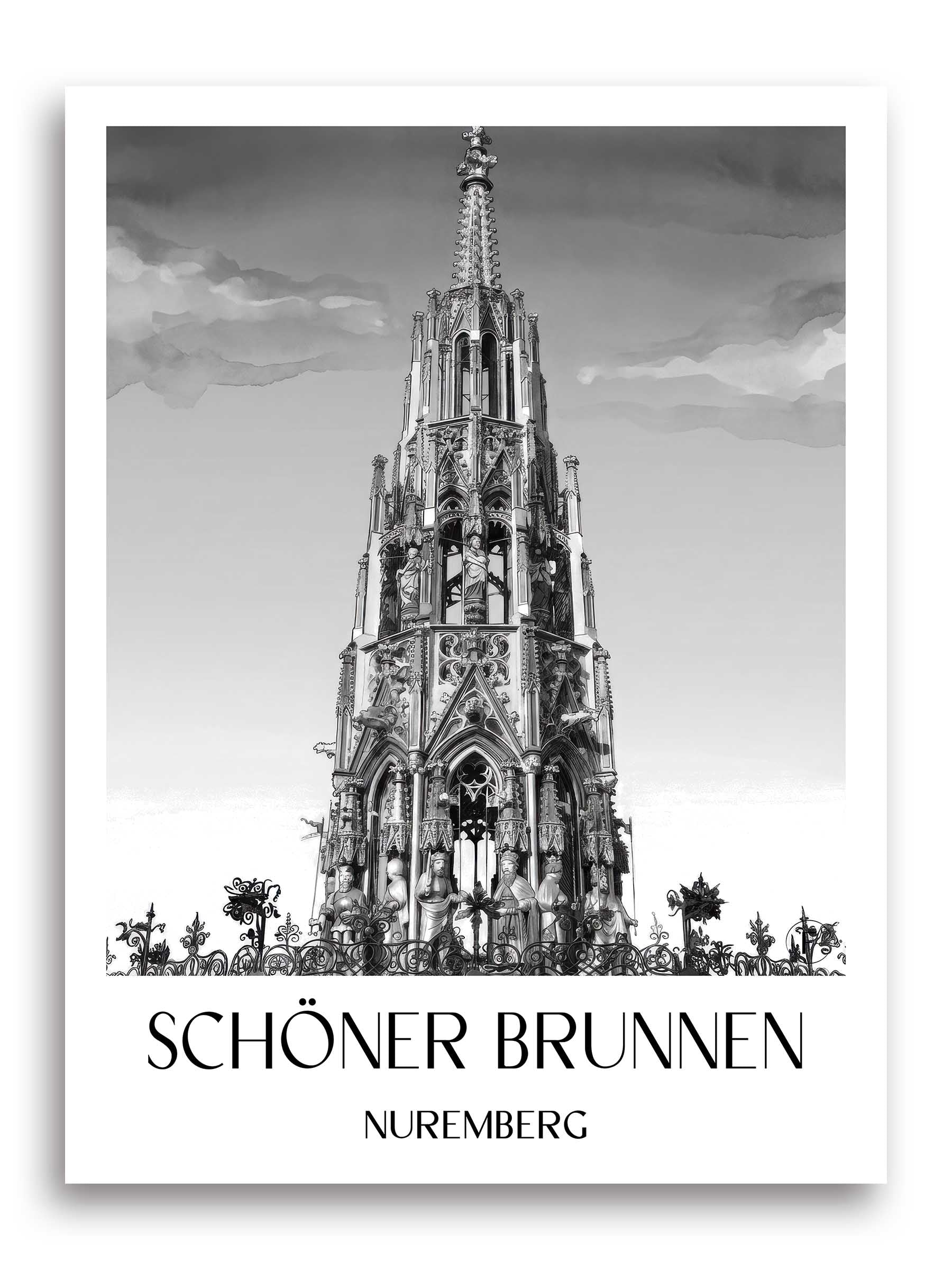 Schöner Brunnen Poster - Nürnberg - Deutschland Kunstdruck - Aquarell Schwarz-Weiß von A4 bis A1