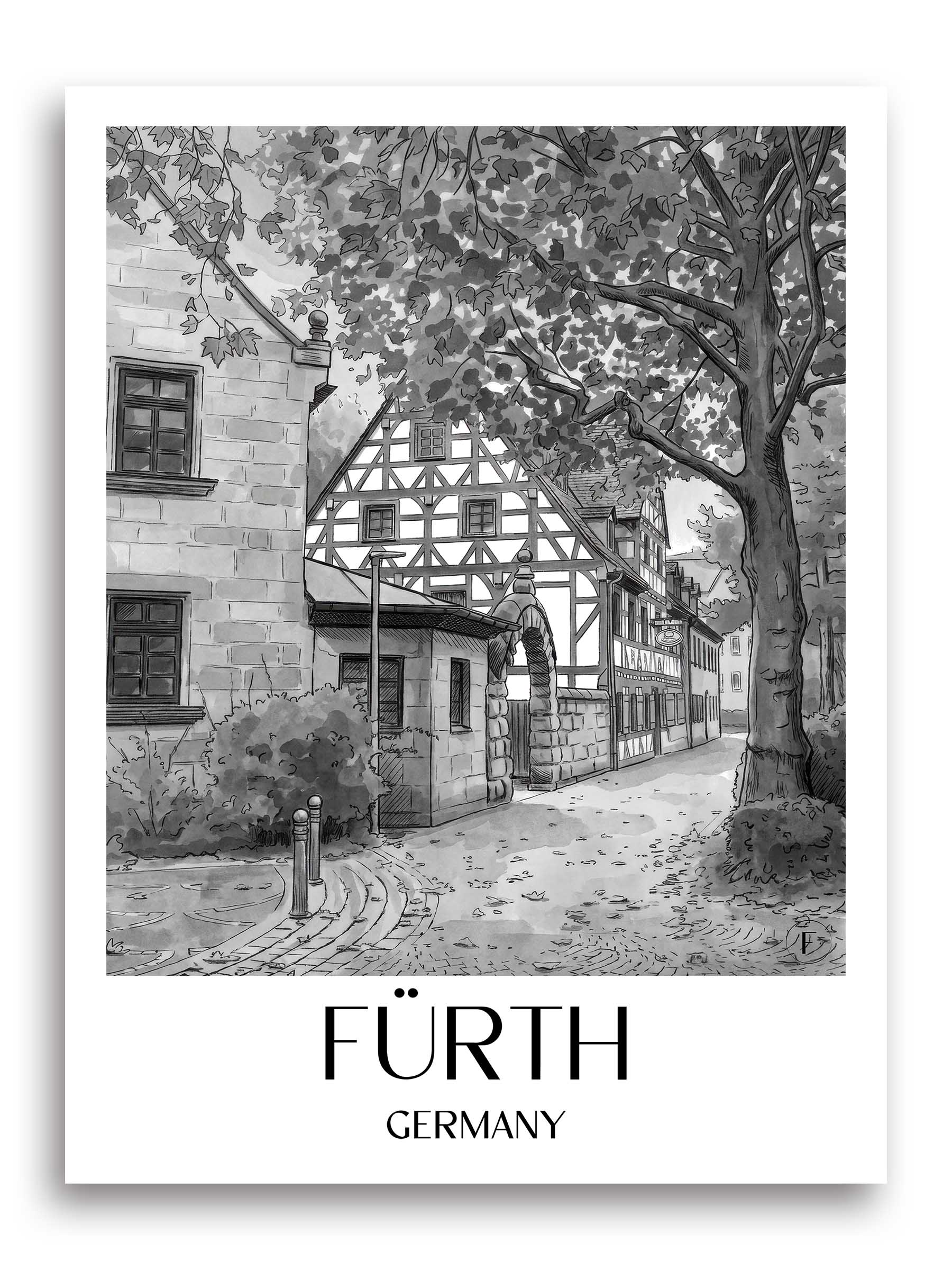 Fürth Poster - - Deutschland Kunstdruck - Aquarell Schwarz-Weiß von A4 bis A1