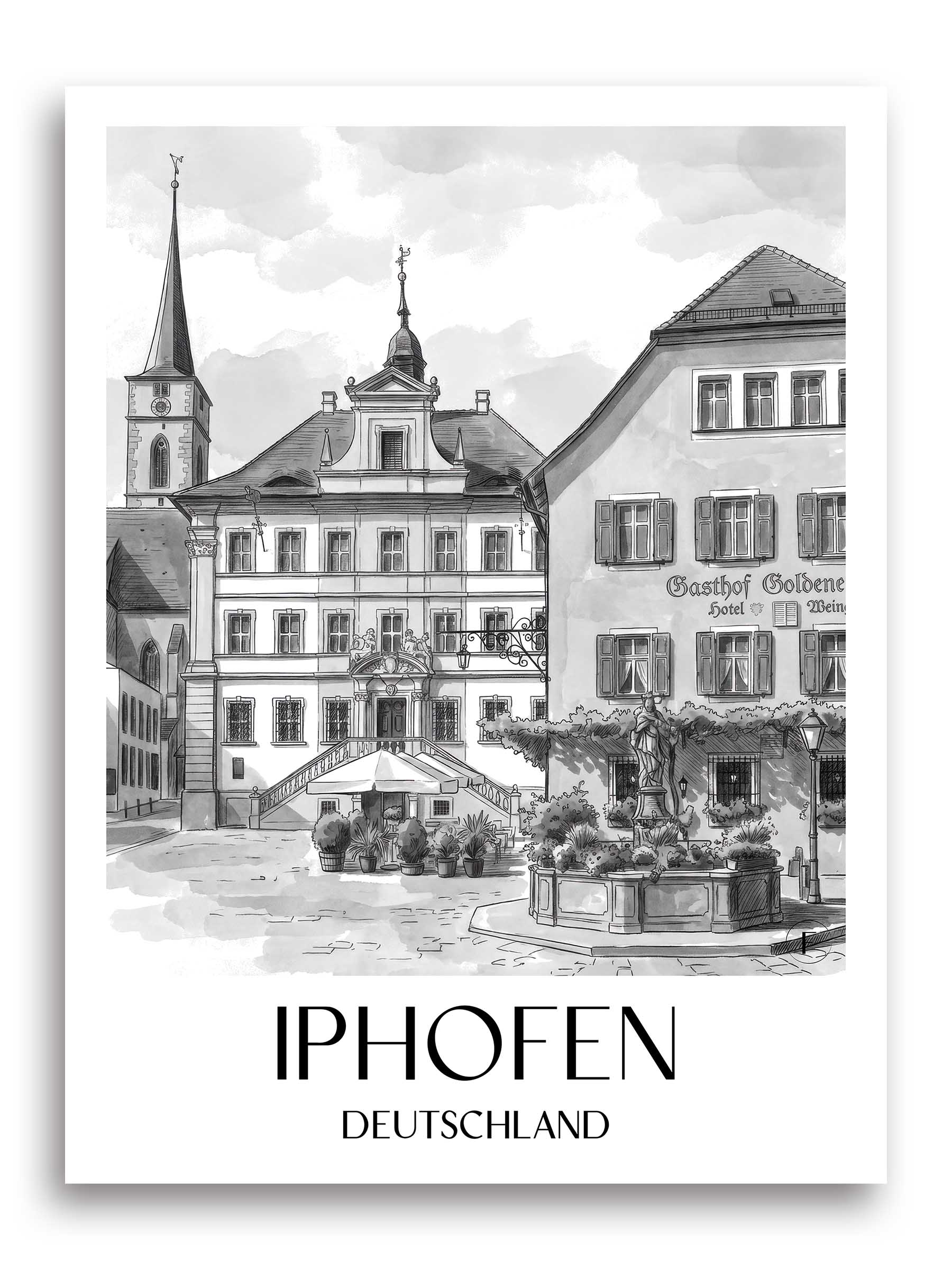 iphofen-deutschland-poster-aquarell-schwarz-weiss
