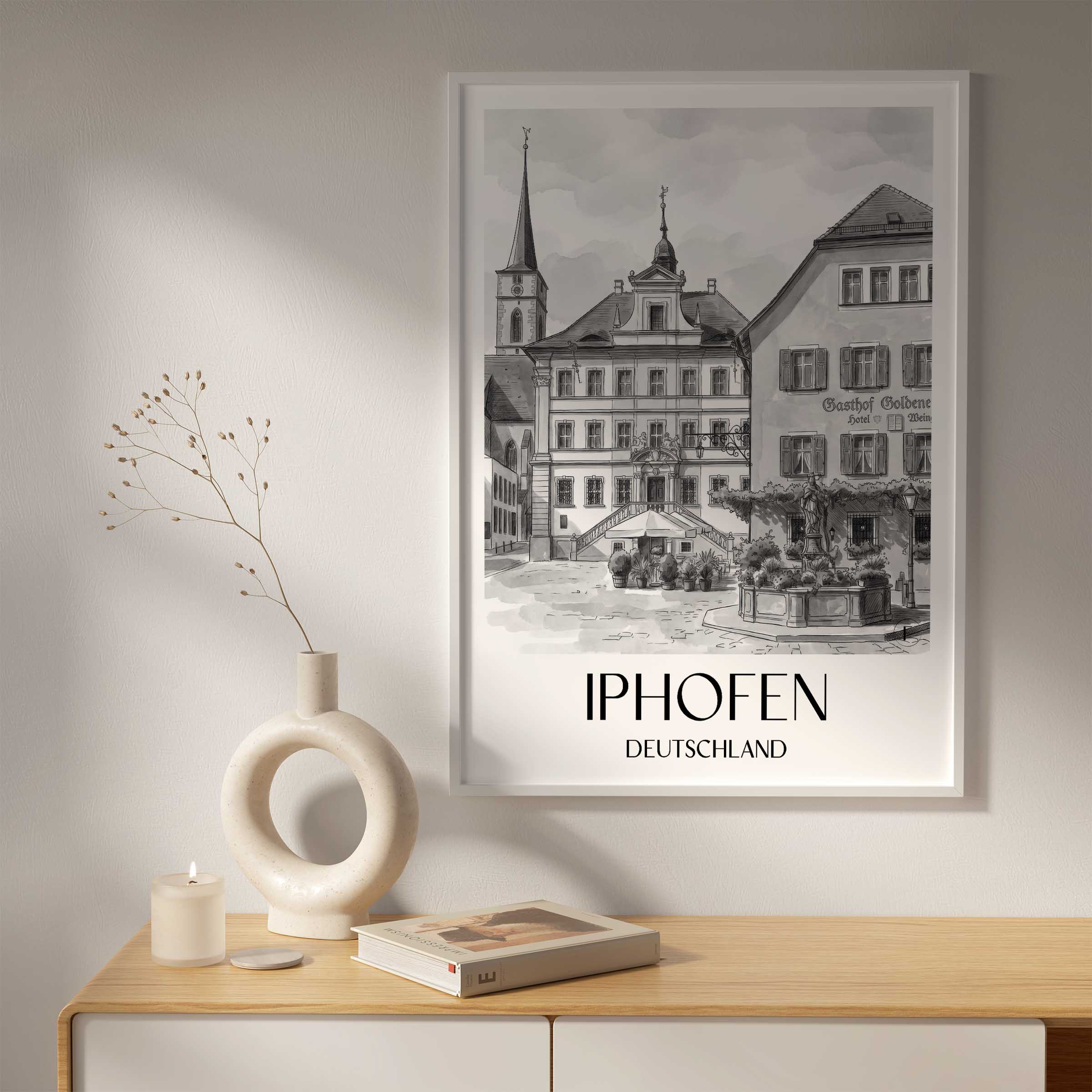 iphofen-deutschland-poster-aquarell-schwarz-weiss