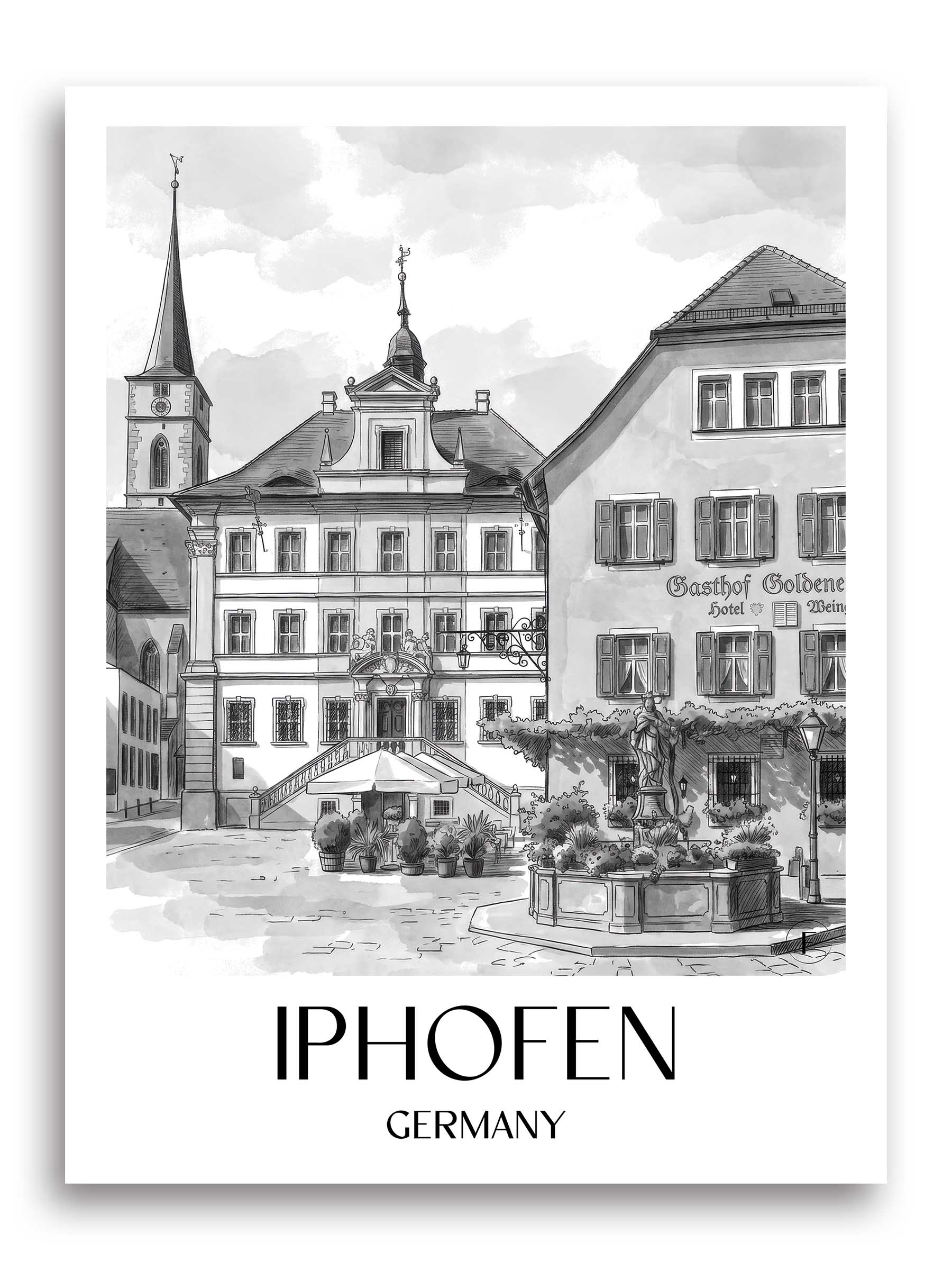 Iphofen Poster - - Deutschland Kunstdruck - Aquarell Schwarz-Weiß von A4 bis A1