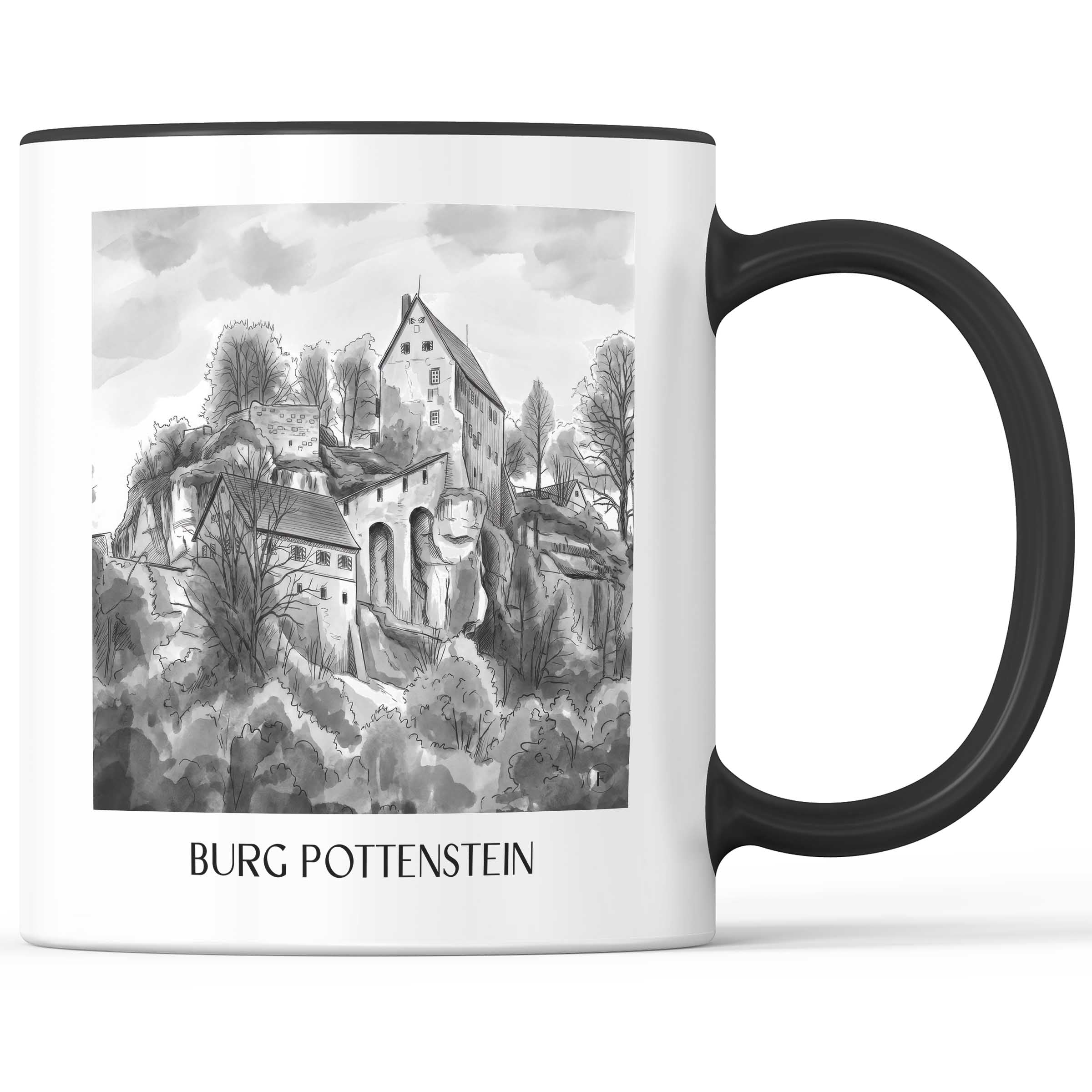 burg-pottenstein-deutschland-kaffeebecher-aquarell-schwarz-weiss