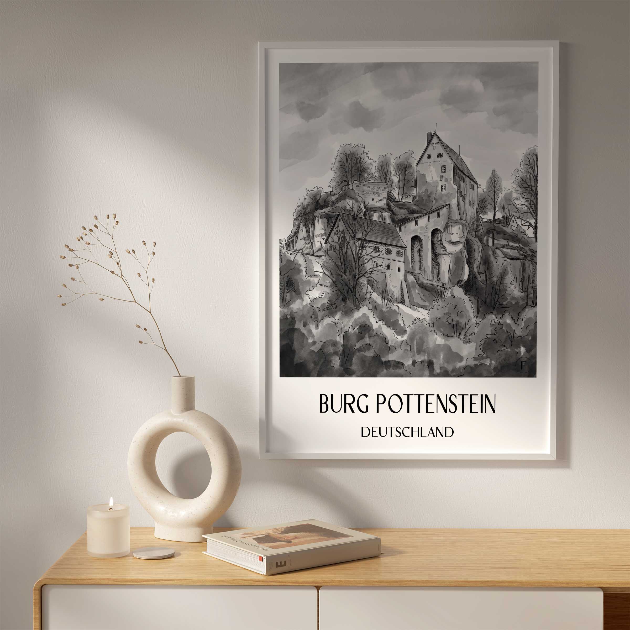 burg-pottenstein-deutschland-poster-aquarell-schwarz-weiss