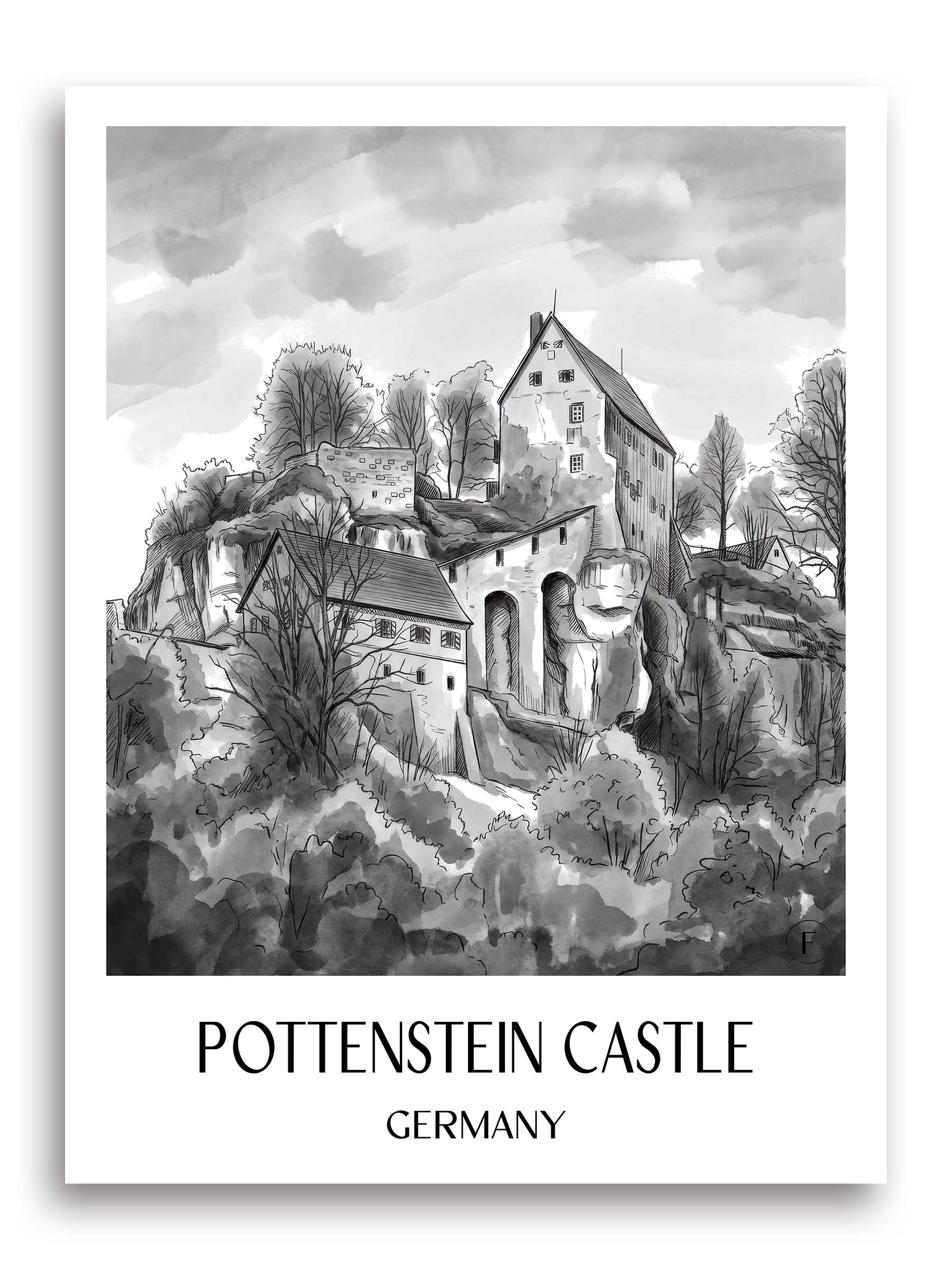 Burg Pottenstein Poster - - Deutschland Kunstdruck - Aquarell Schwarz-Weiß von A4 bis A1