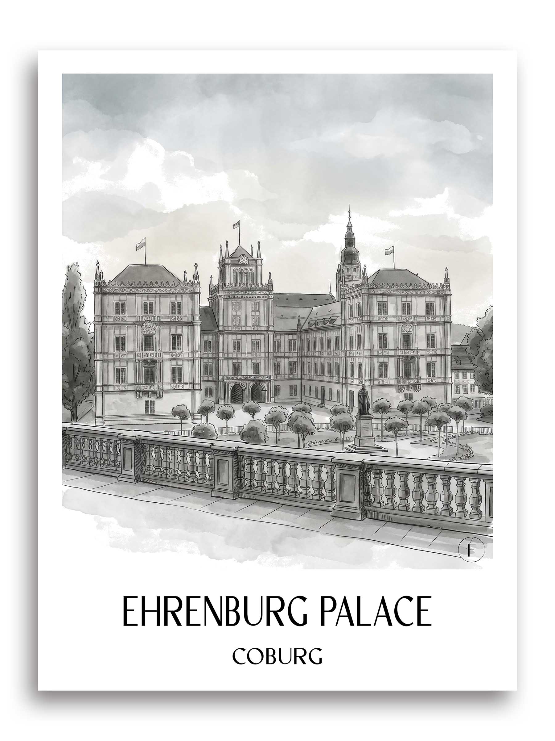 Schloss Ehrenburg Poster - Coburg - Deutschland Kunstdruck - Aquarell Schwarz-Weiß von A4 bis A1