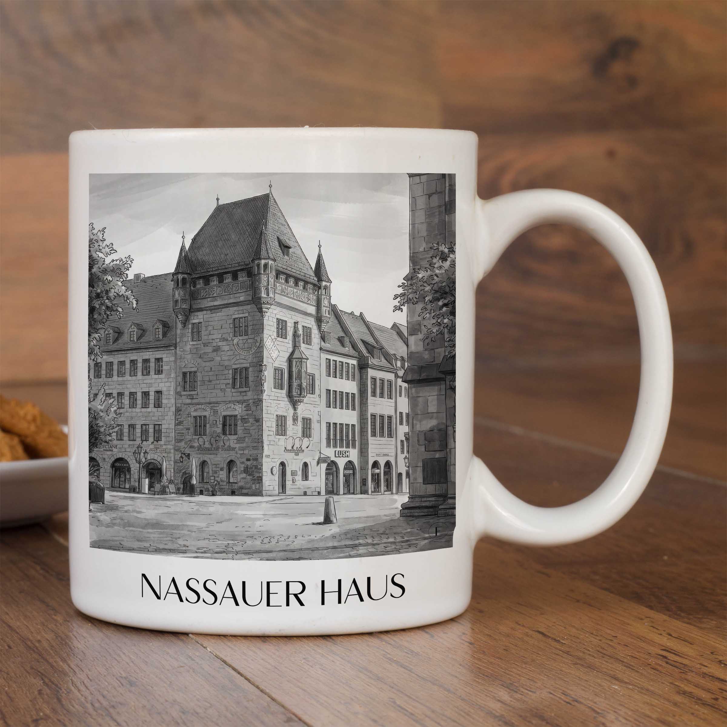 nassauer-haus-nürnberg-deutschland-kaffeebecher-aquarell-schwarz-weiss