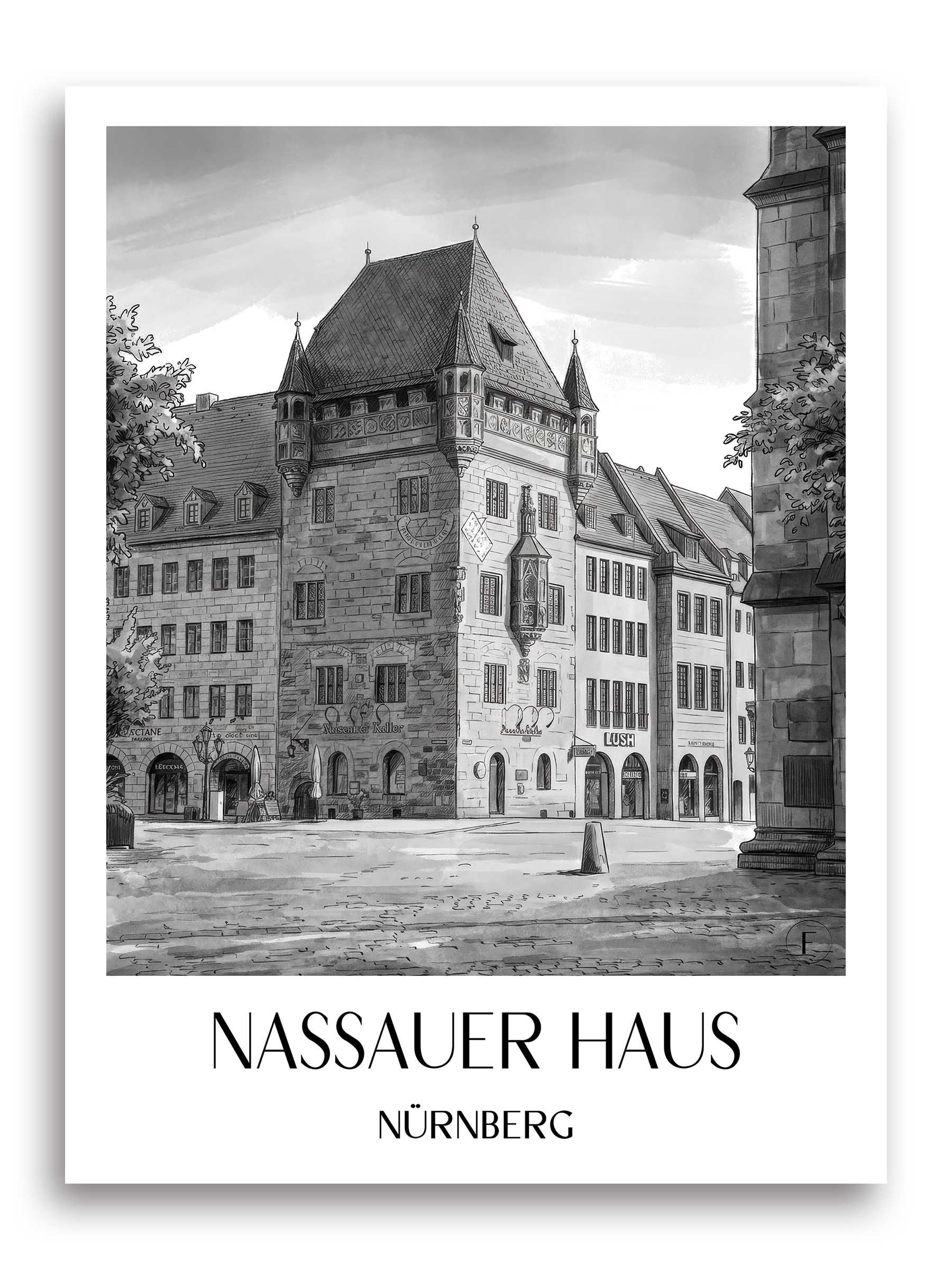 nassauer-haus-nürnberg-deutschland-poster-aquarell-schwarz-weiss